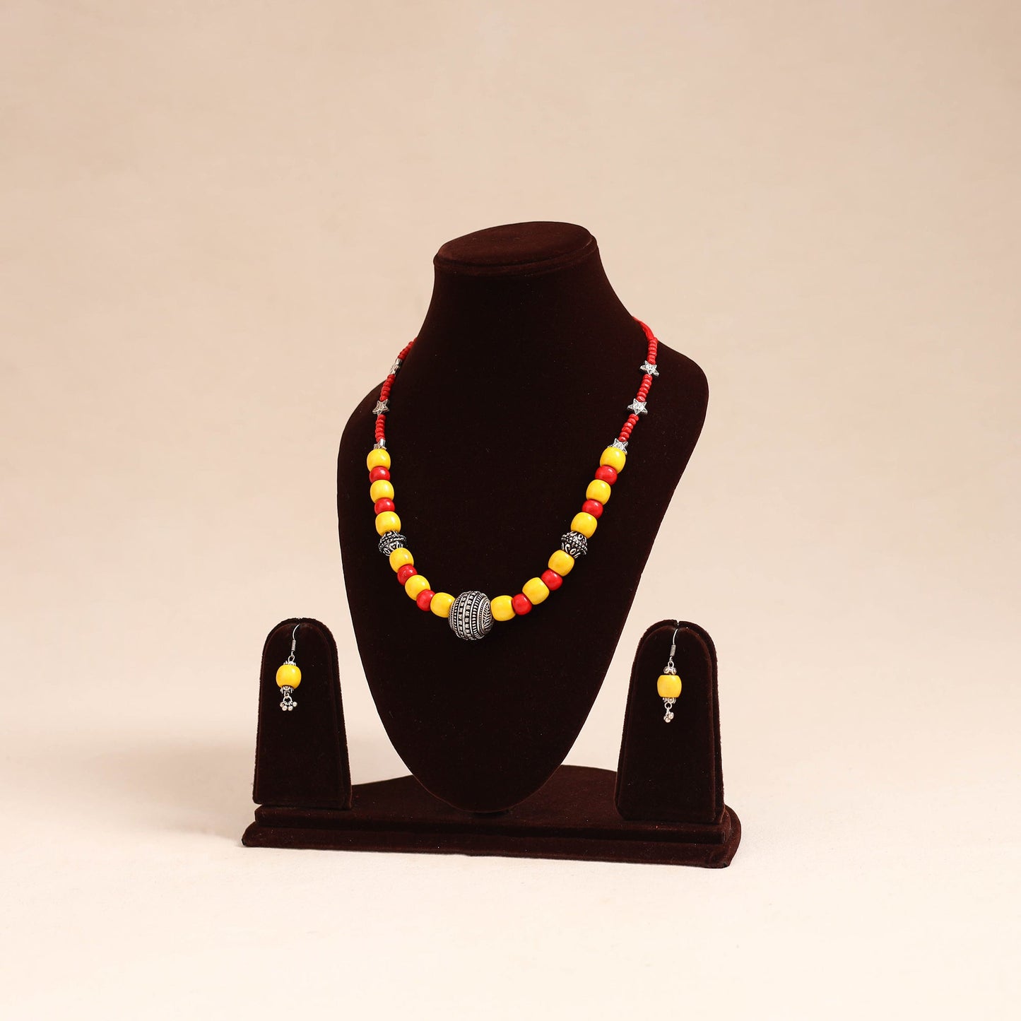 Yellow - german silver wooden beads necklace set 79
