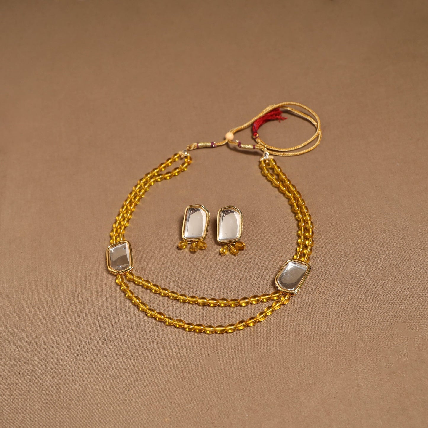 Glass beads kundan work necklace set 64 - handcrafted