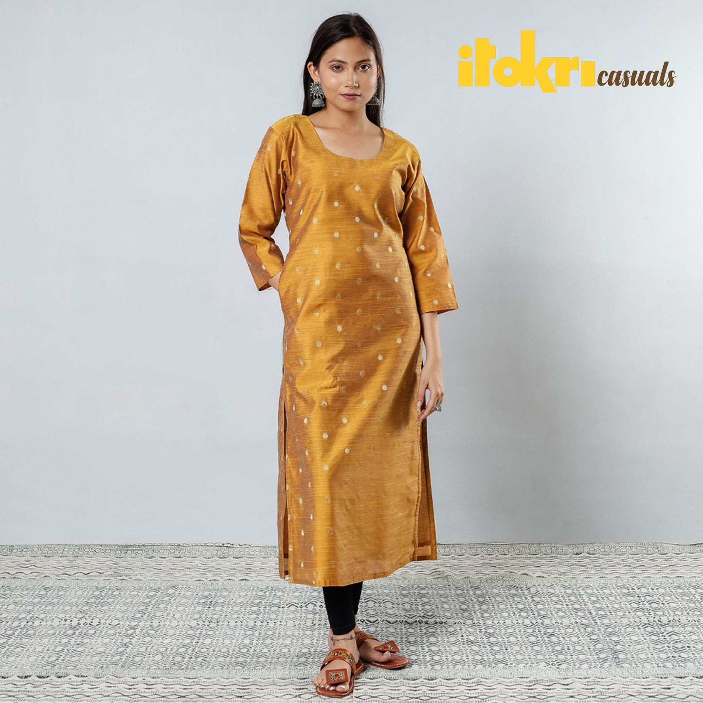 Polka Zari Butta Spun Dupion Silk Long Kurta 05 Online at iTokri.com