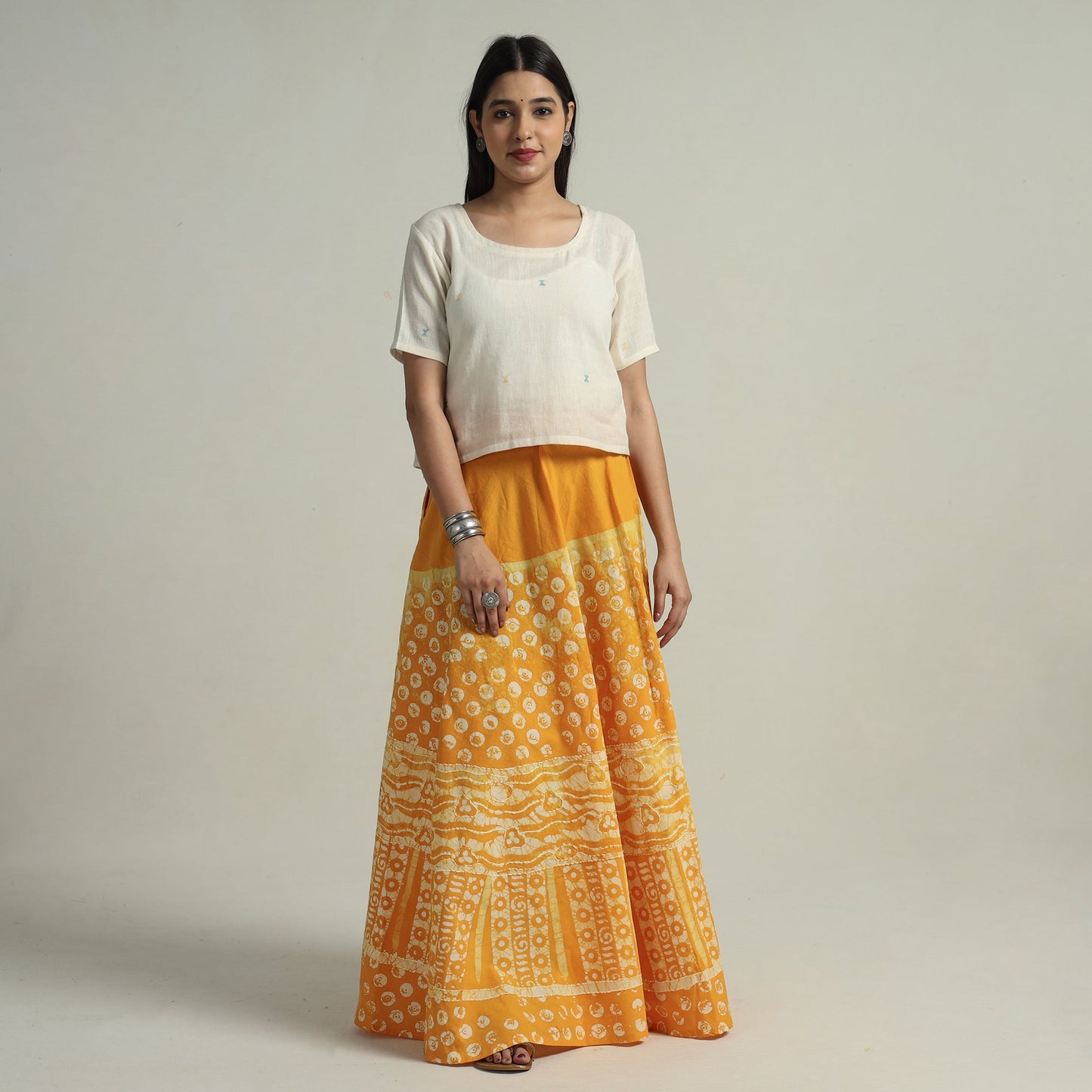Yellow Hand Batik Printed Running Stitch Cotton Long Skirt