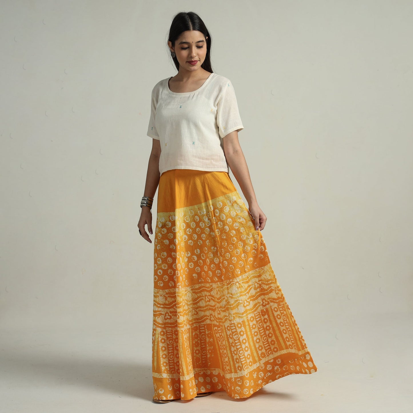Yellow Hand Batik Printed Running Stitch Cotton Long Skirt