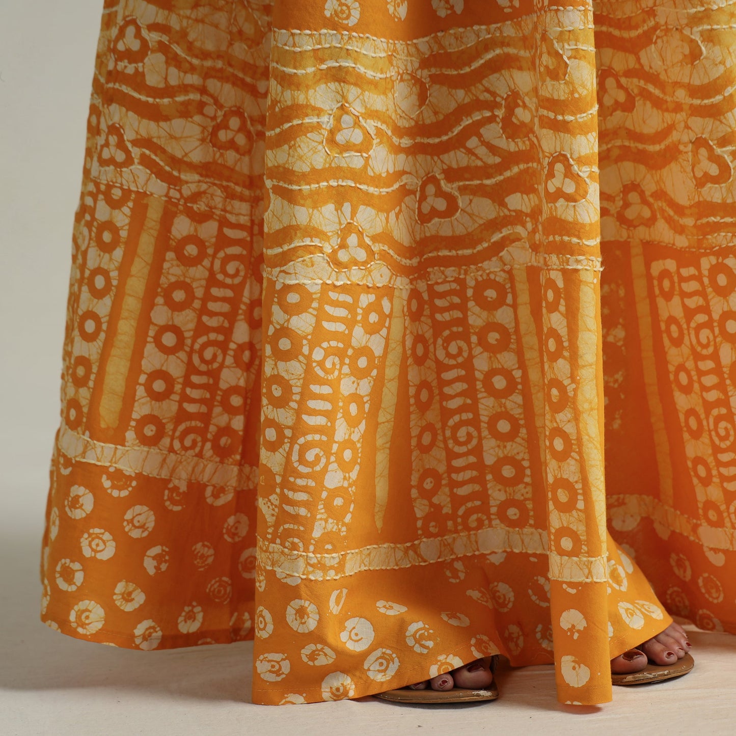 Yellow Hand Batik Printed Running Stitch Cotton Long Skirt