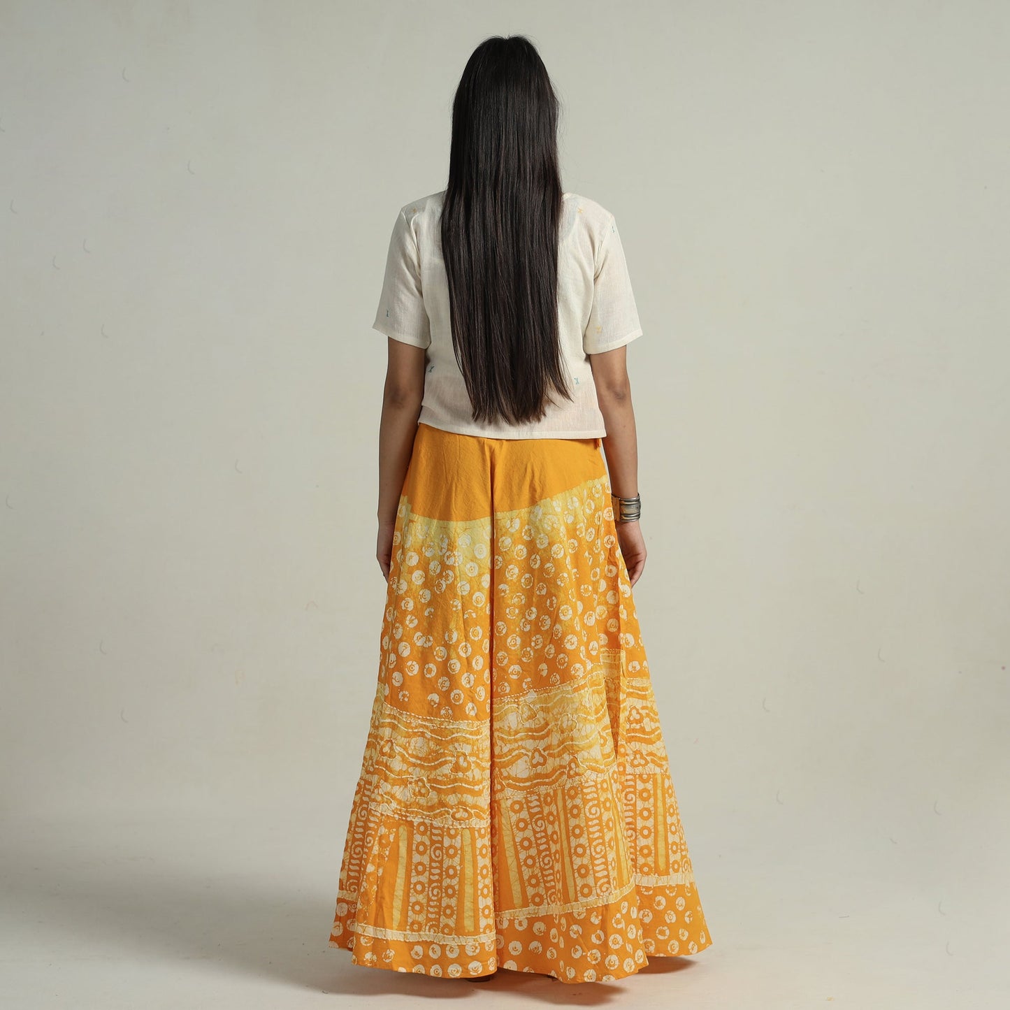 Yellow Hand Batik Printed Running Stitch Cotton Long Skirt