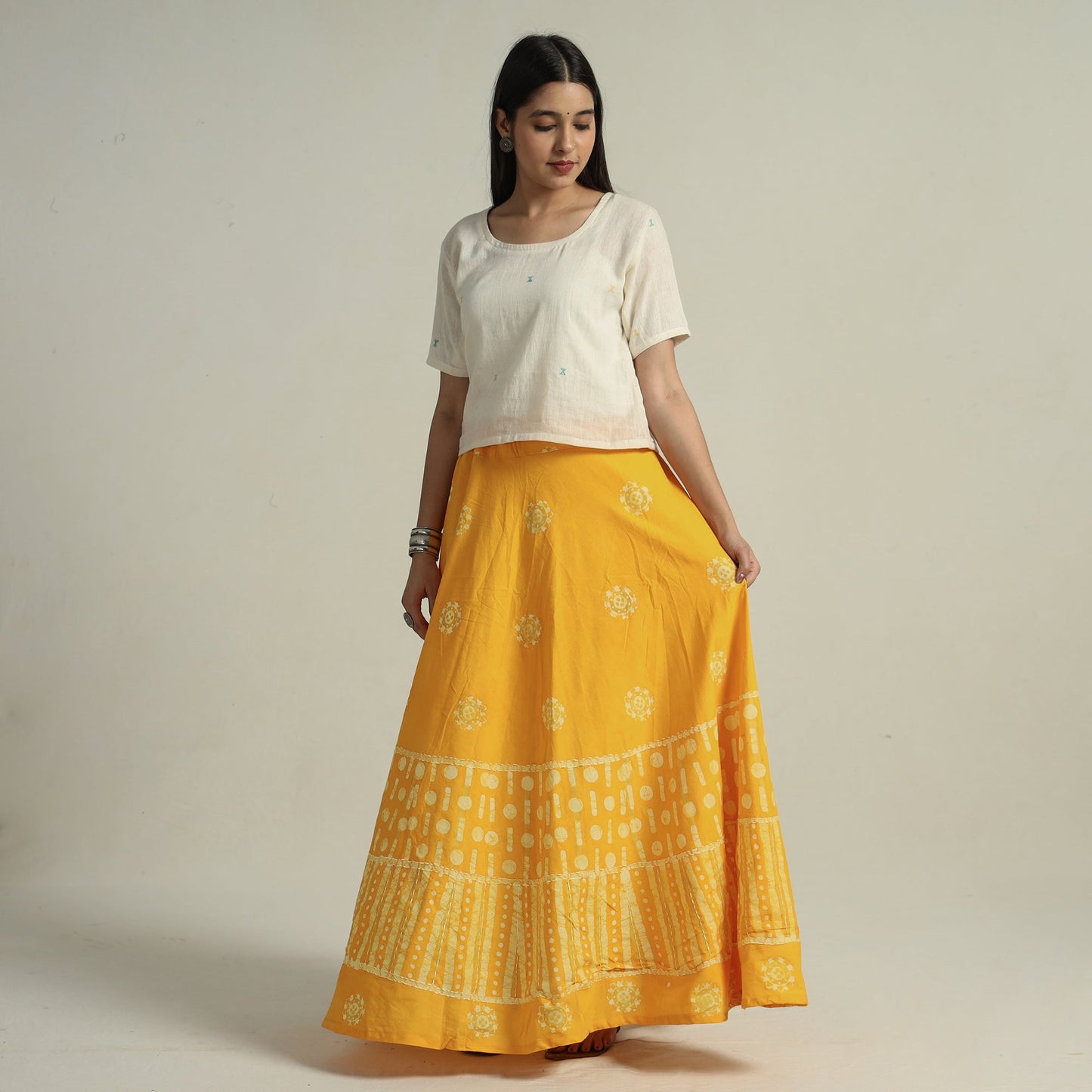Yellow - hand batik printed running stitch cotton long