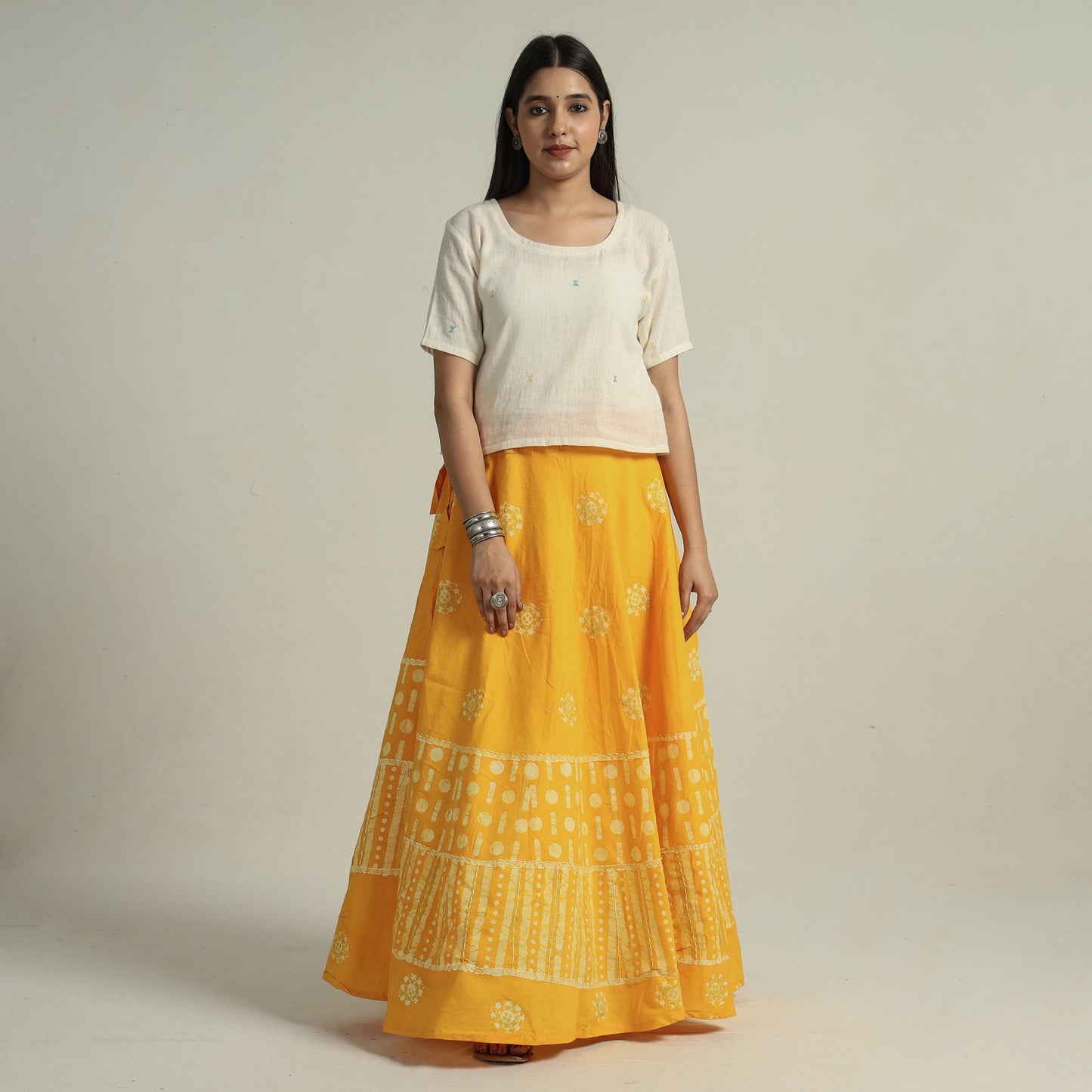 Yellow - hand batik printed running stitch cotton long