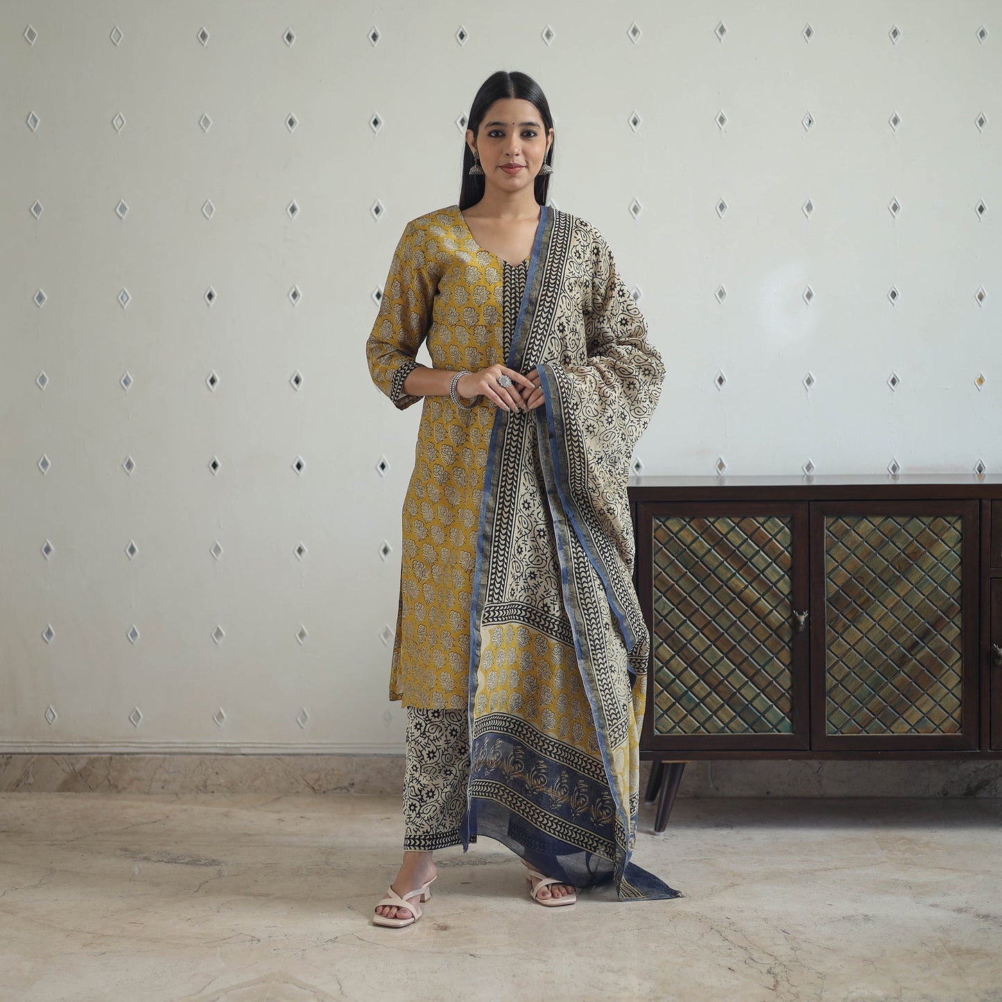 Buy Yellow Hand Block Bagru Print Chanderi Silk Kurta Set