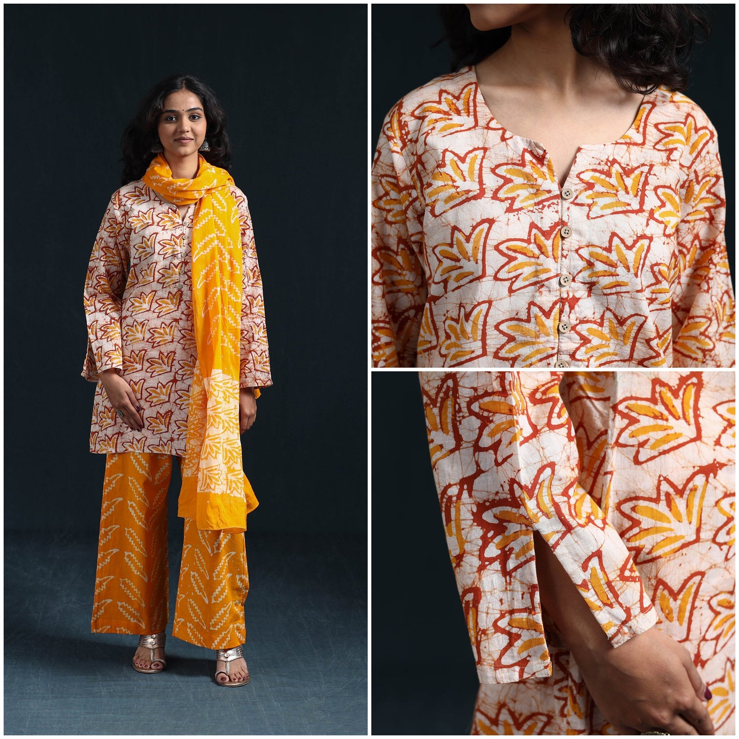 Hand batik cotton suit set with dupatta for women 03