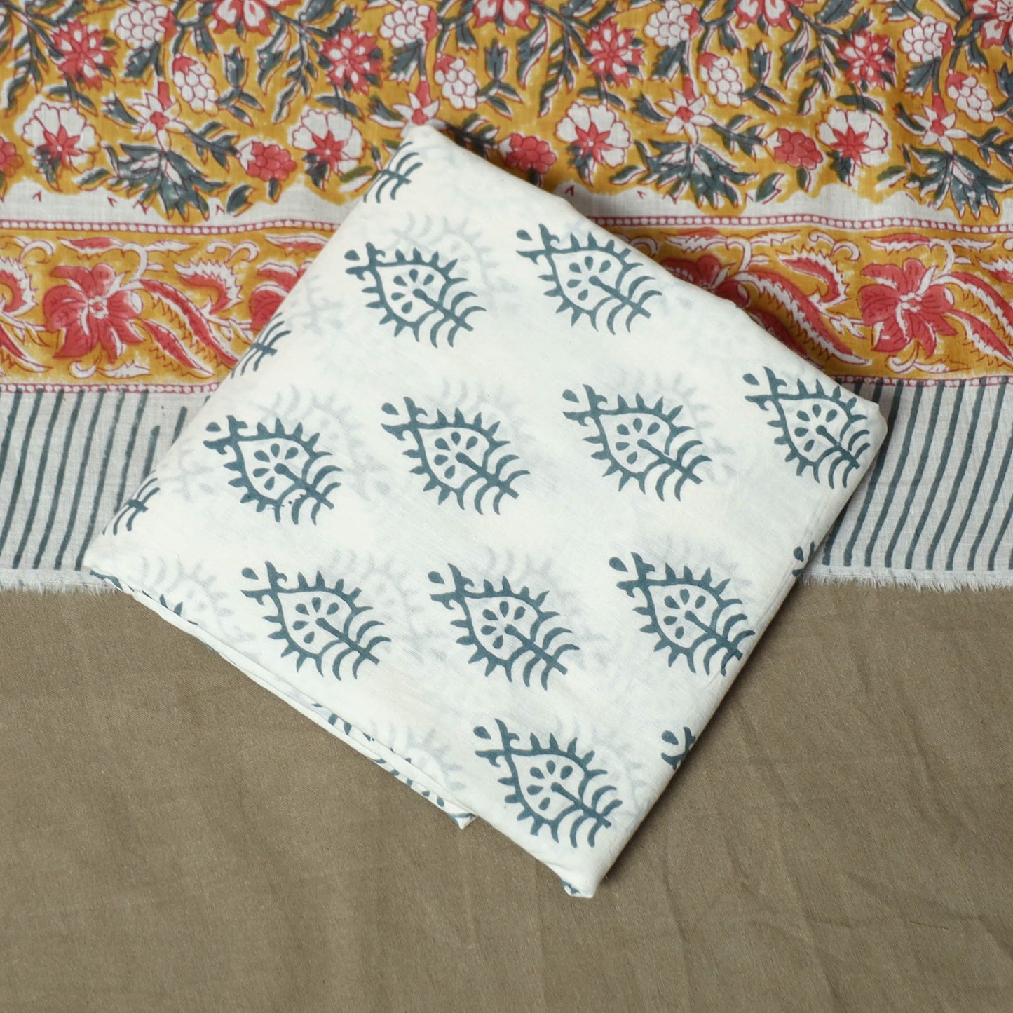 Hand block print cotton sanganeri 3pc unstitched dress