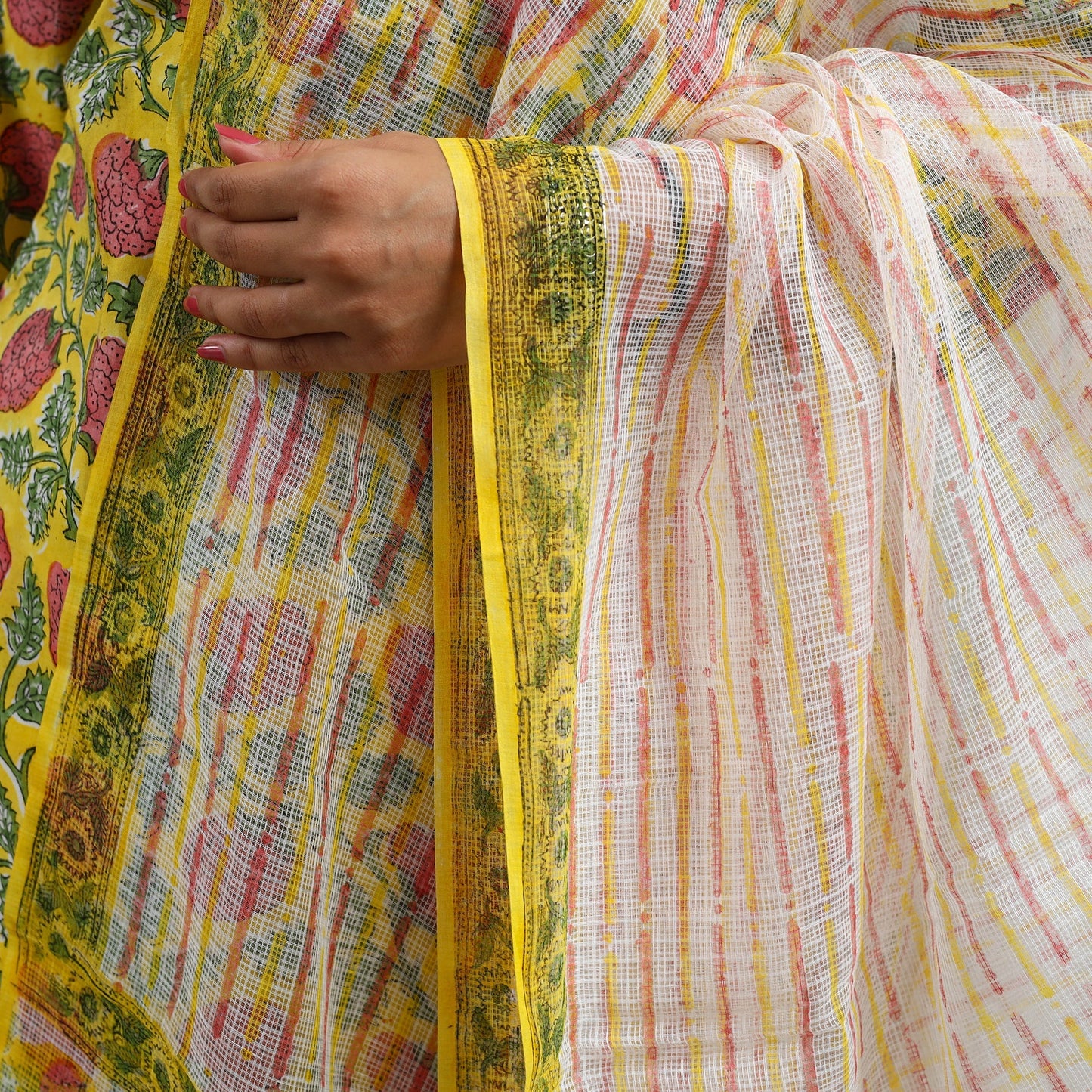 Yellow Block Print Cotton Sanganeri Kurta Set
