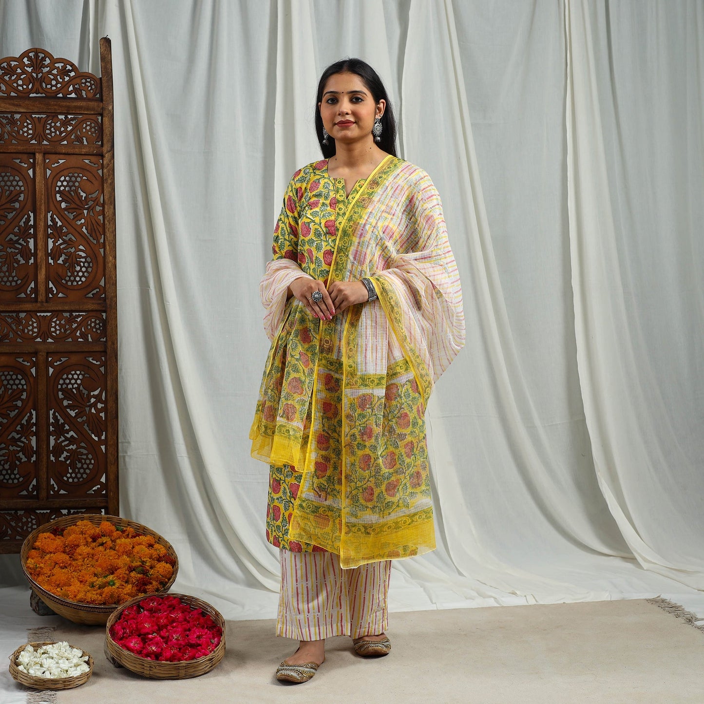 Yellow Block Print Cotton Sanganeri Kurta Set