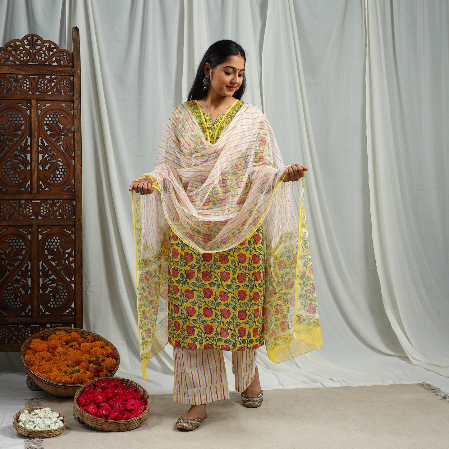 Yellow Block Print Cotton Sanganeri Kurta Set