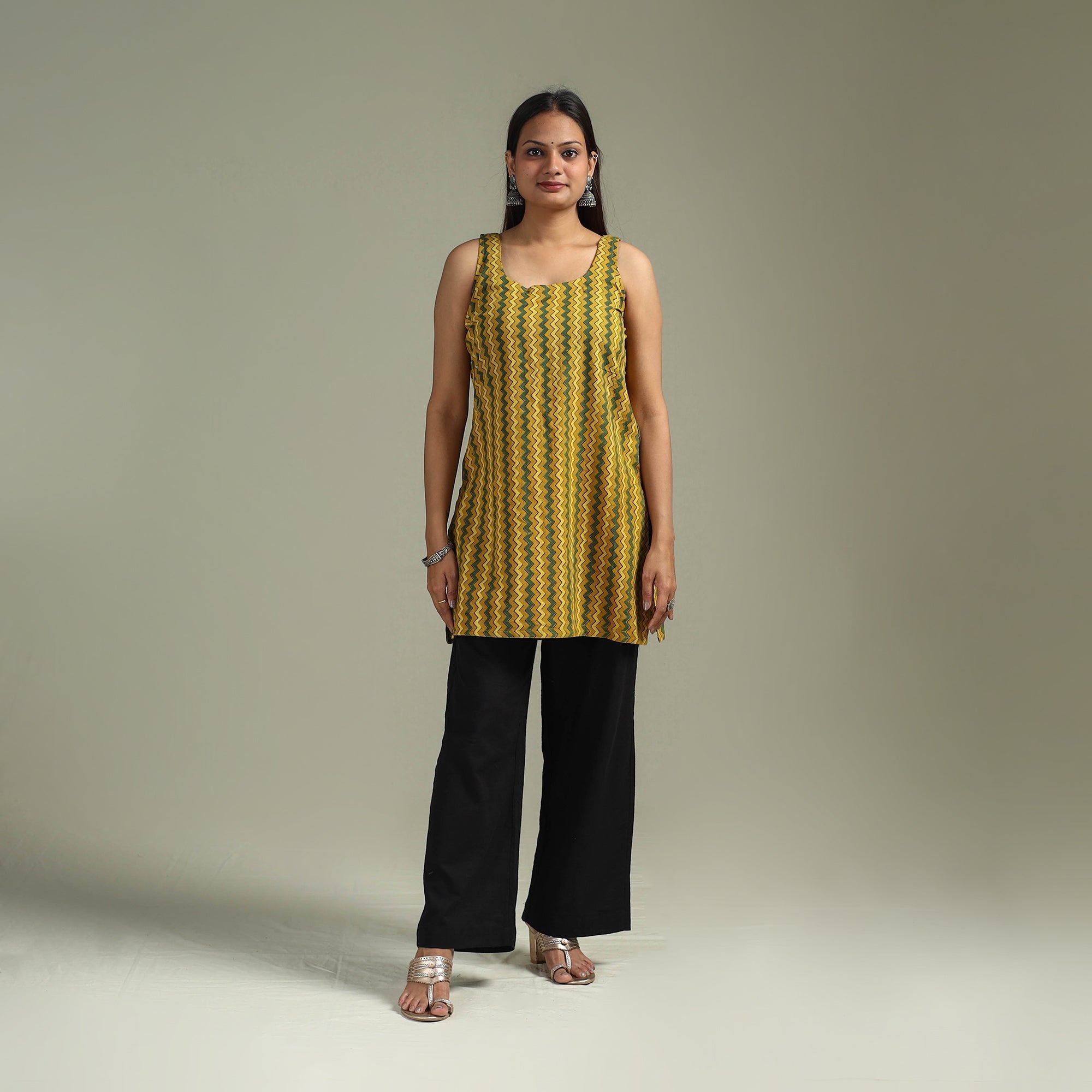 Yellow - Hand Block Print Natural Dyed Cotton Short Ajrakh Kurta for women 09
