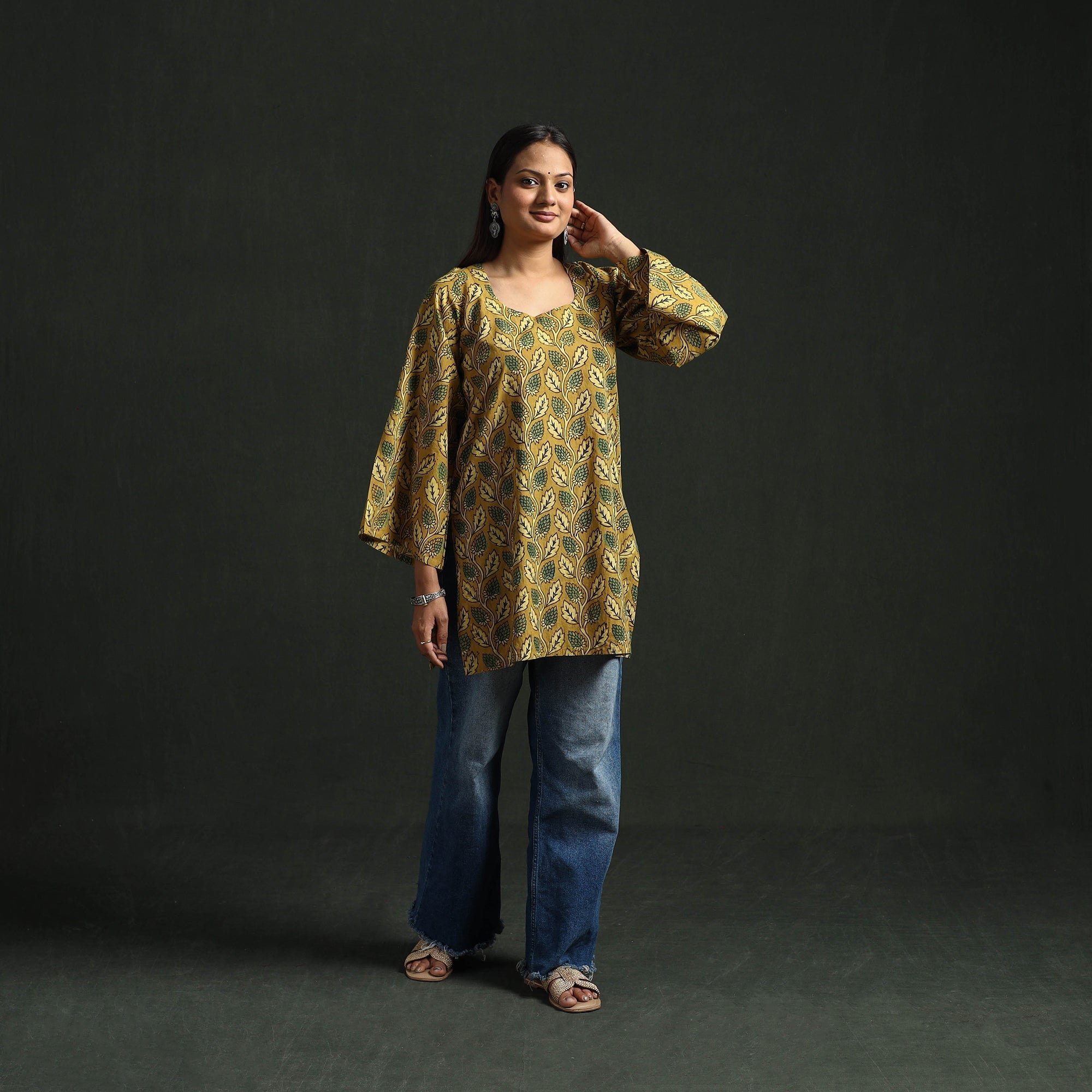 Yellow - Hand Block Print Natural Dyed Cotton Short Ajrakh Kurta for women 05
