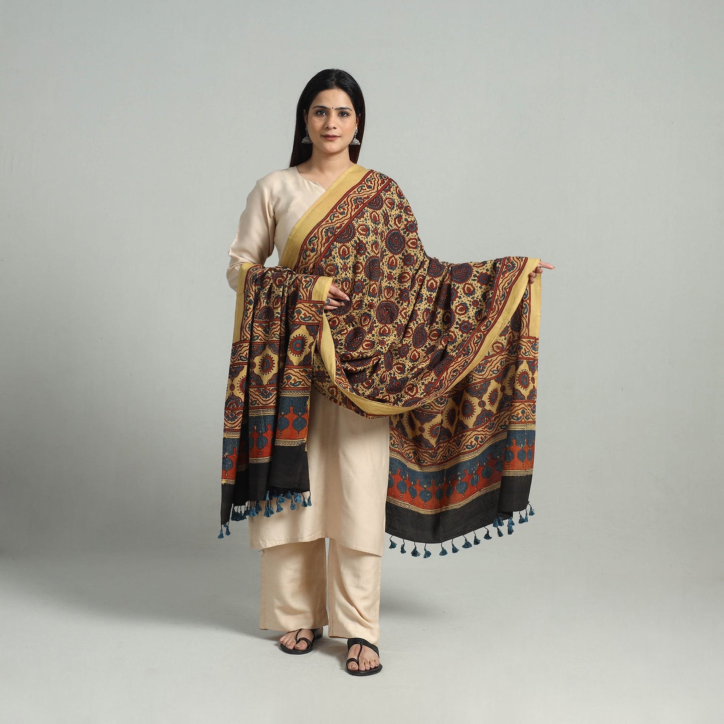 Yellow - hand printed cotton dupatta 06 - handcrafted
