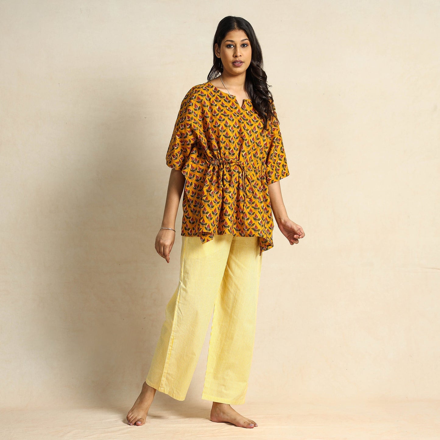 Yellow - Hand Block Printed Cotton Kaftan & Pyjama Night Suit Set
