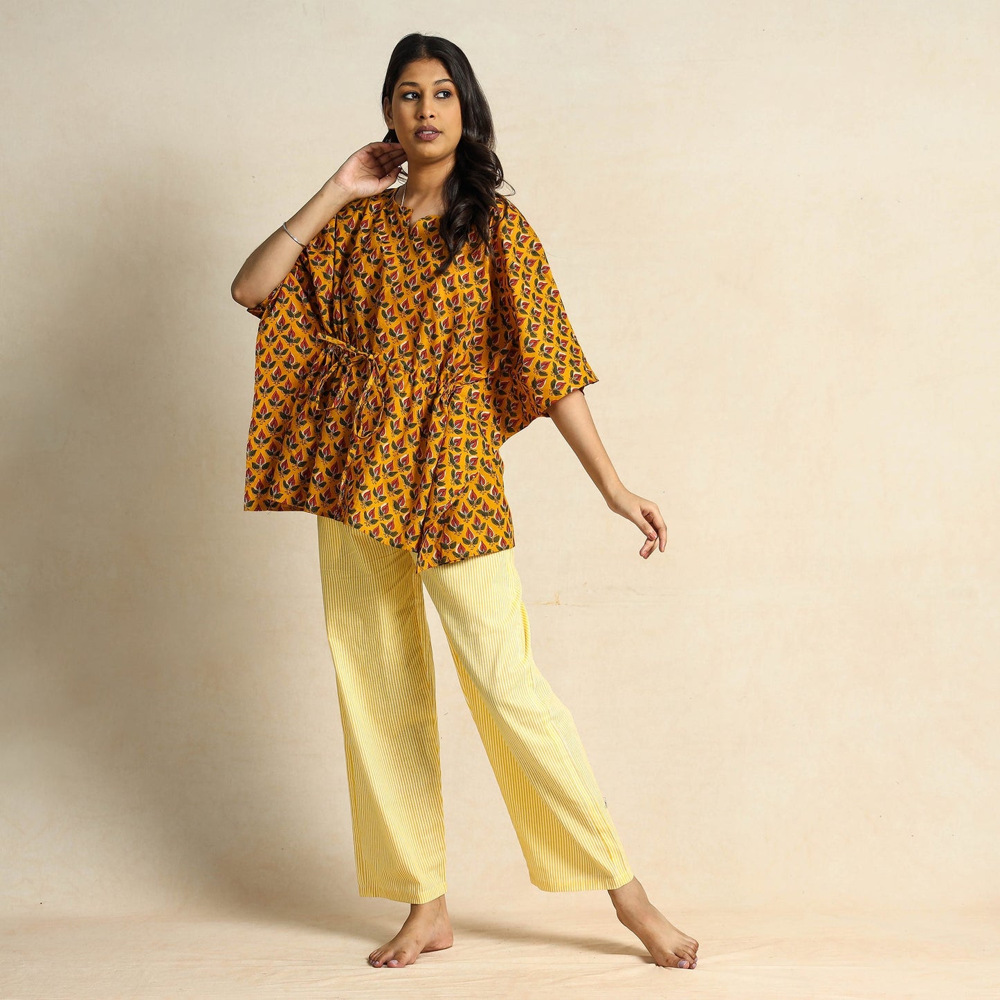 Yellow - Hand Block Printed Cotton Kaftan & Pyjama Night Suit Set