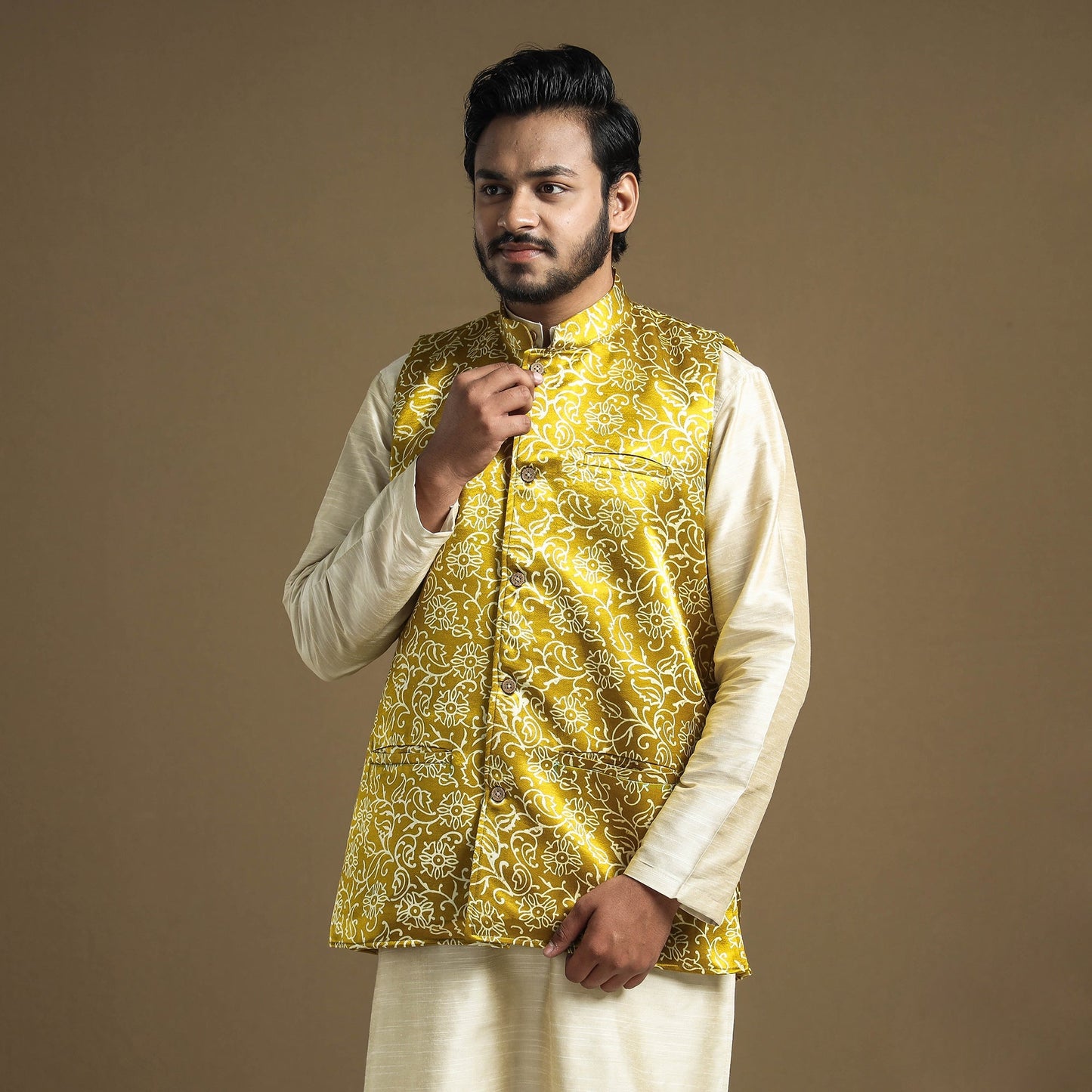 Yellow - hand printed mashru silk nehru jacket - handcrafted