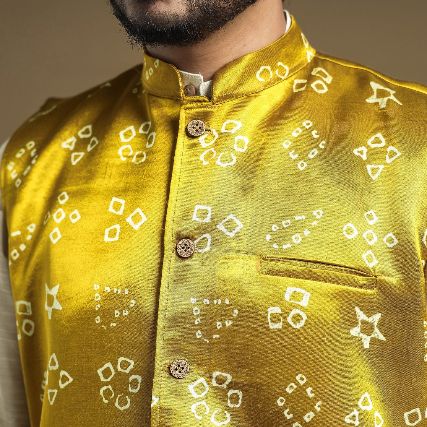 Yellow - hand printed mashru silk nehru jacket - handcrafted