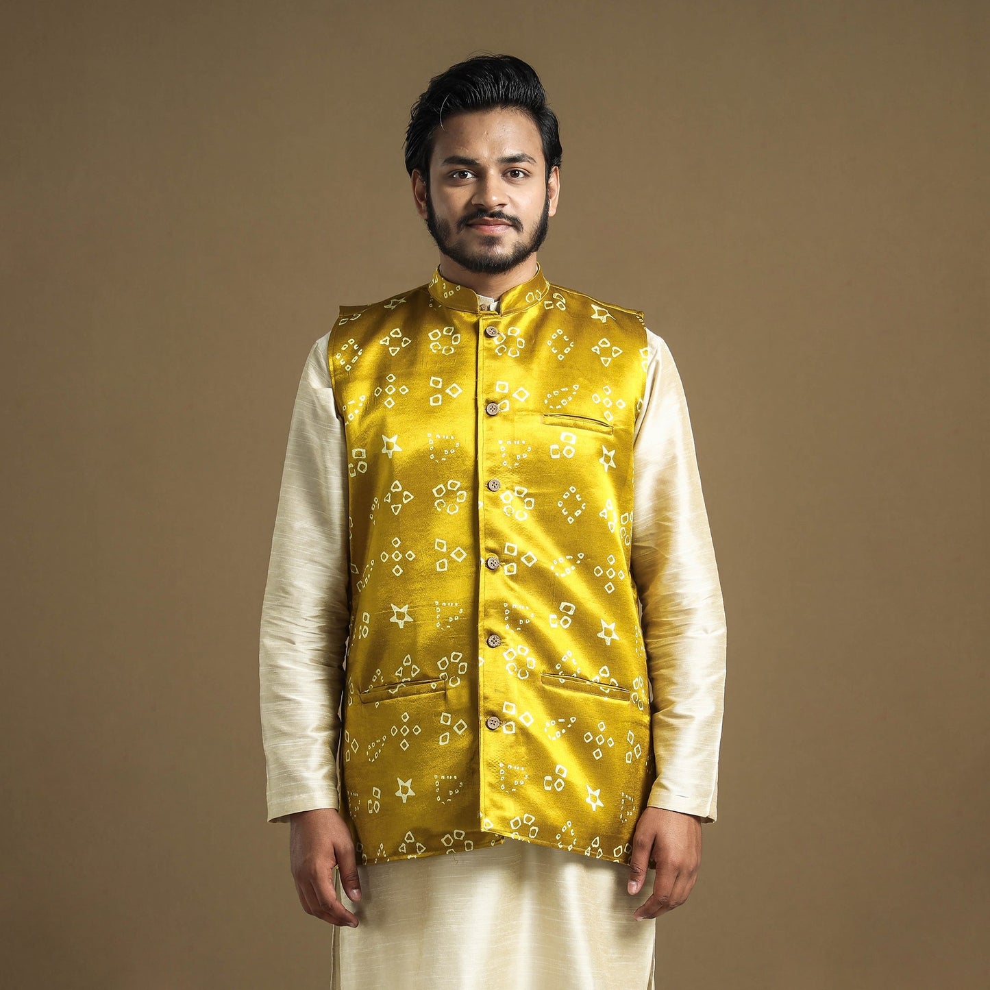 Yellow - hand printed mashru silk nehru jacket - handcrafted