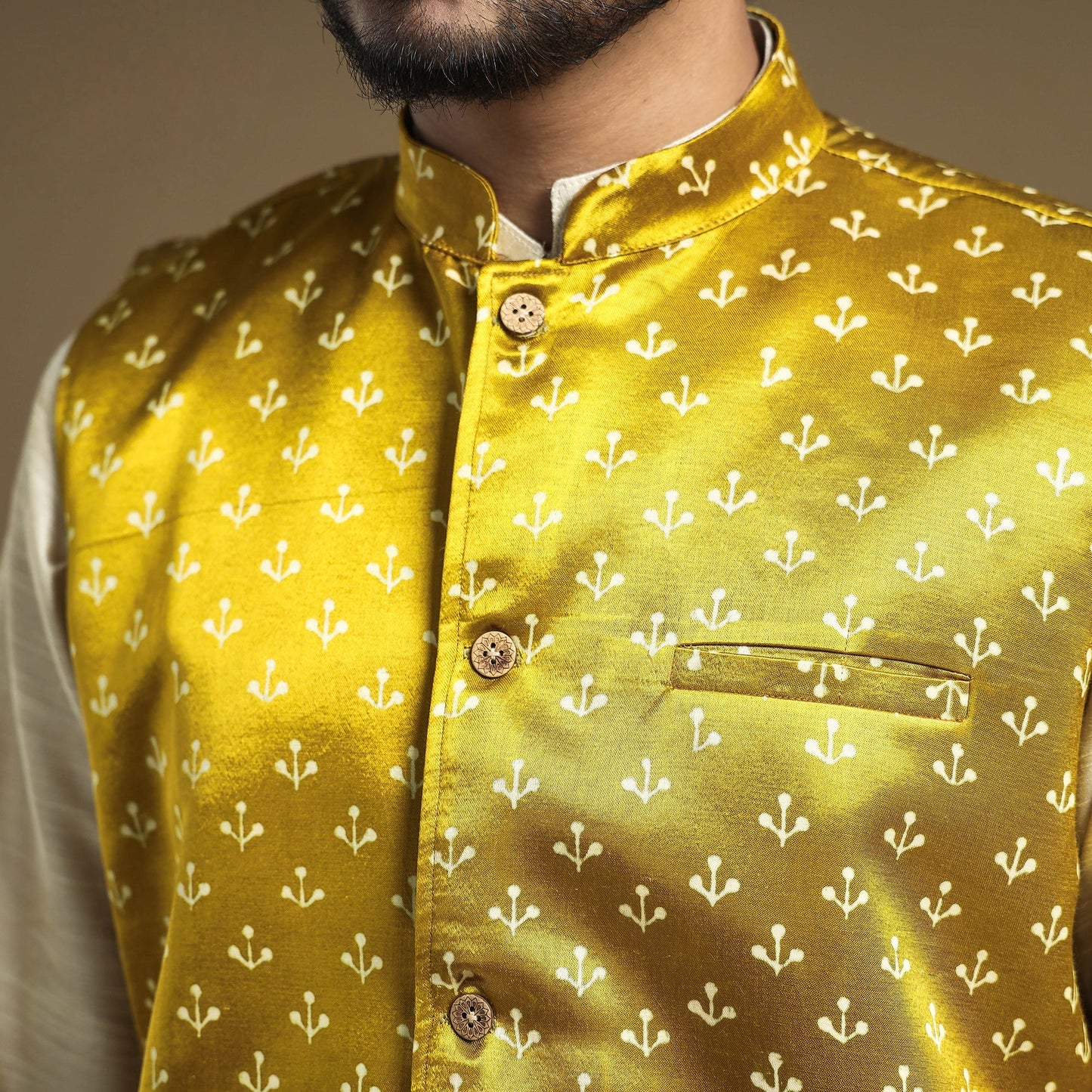 Yellow - hand printed mashru silk nehru jacket - handcrafted