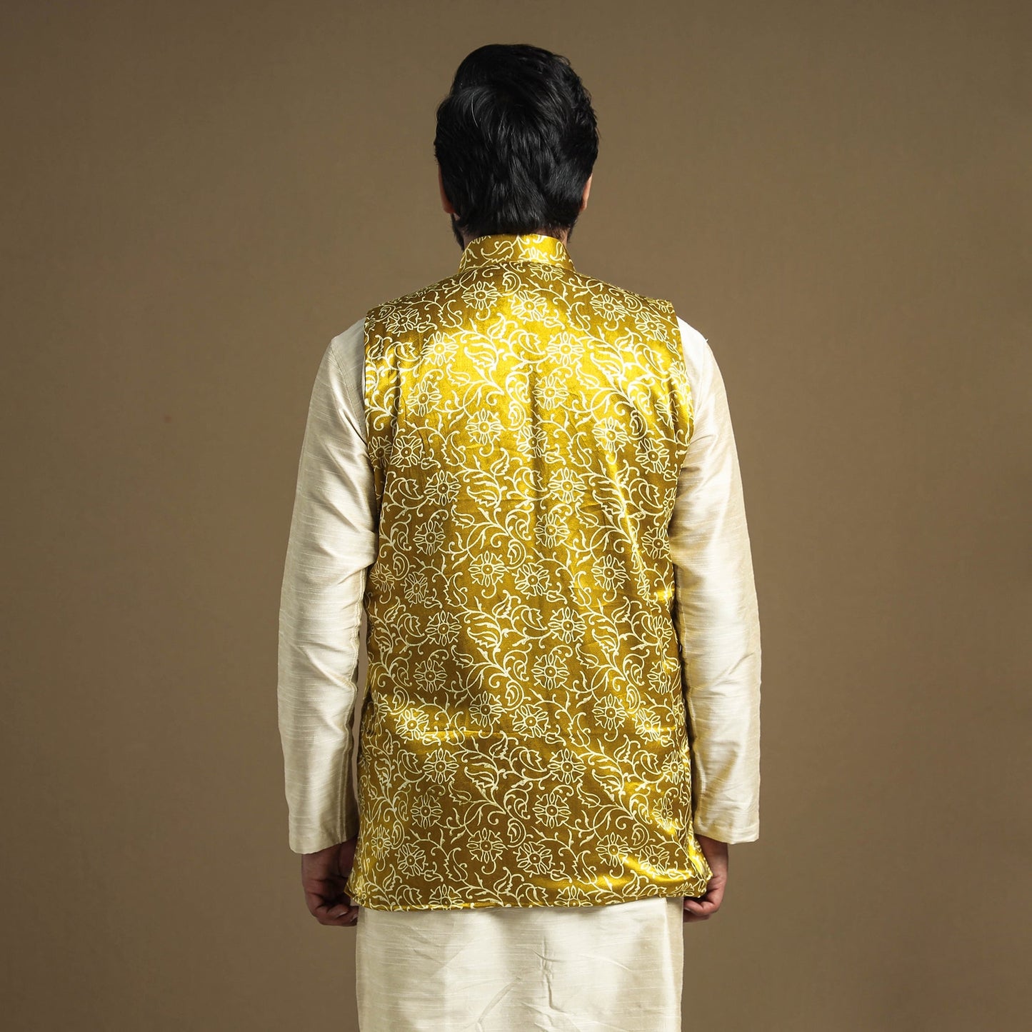 Yellow - hand printed mashru silk nehru jacket - handcrafted