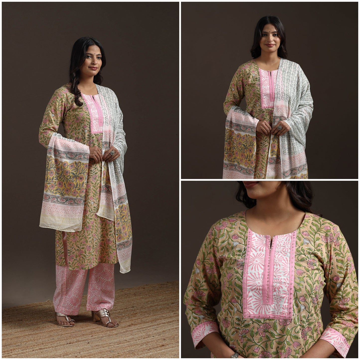 Hand embroidered cotton sanganeri suit set with dupatta