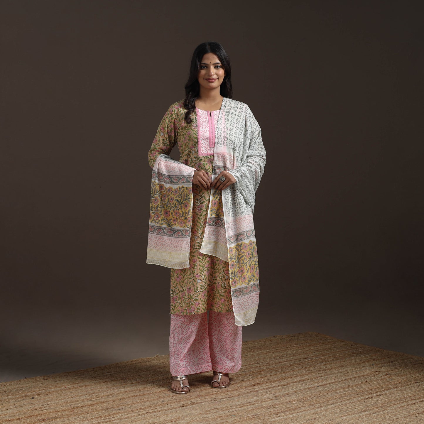 Hand embroidered cotton sanganeri suit set with dupatta