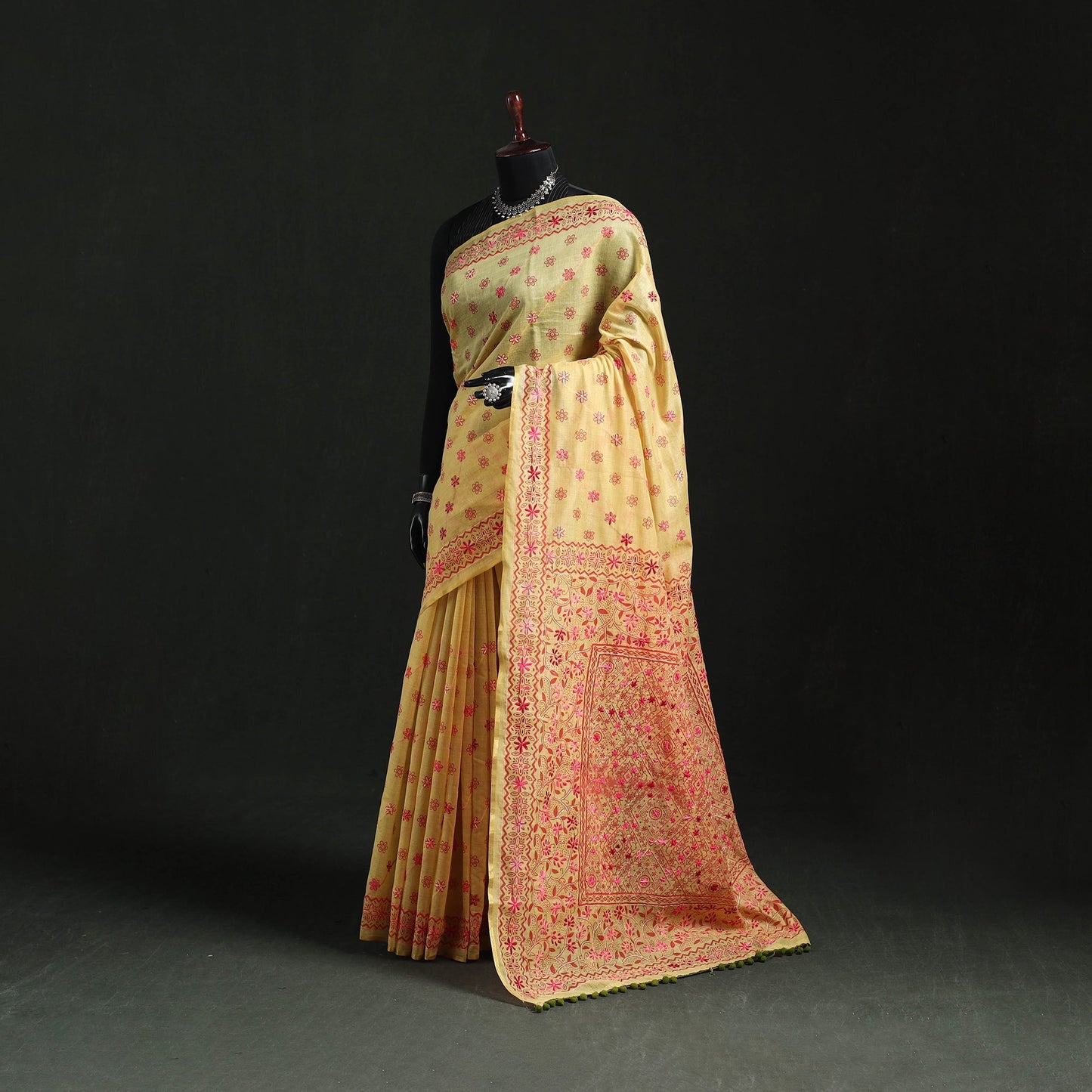 Hand embroidered chanderi silk chapa work phulkari saree 18