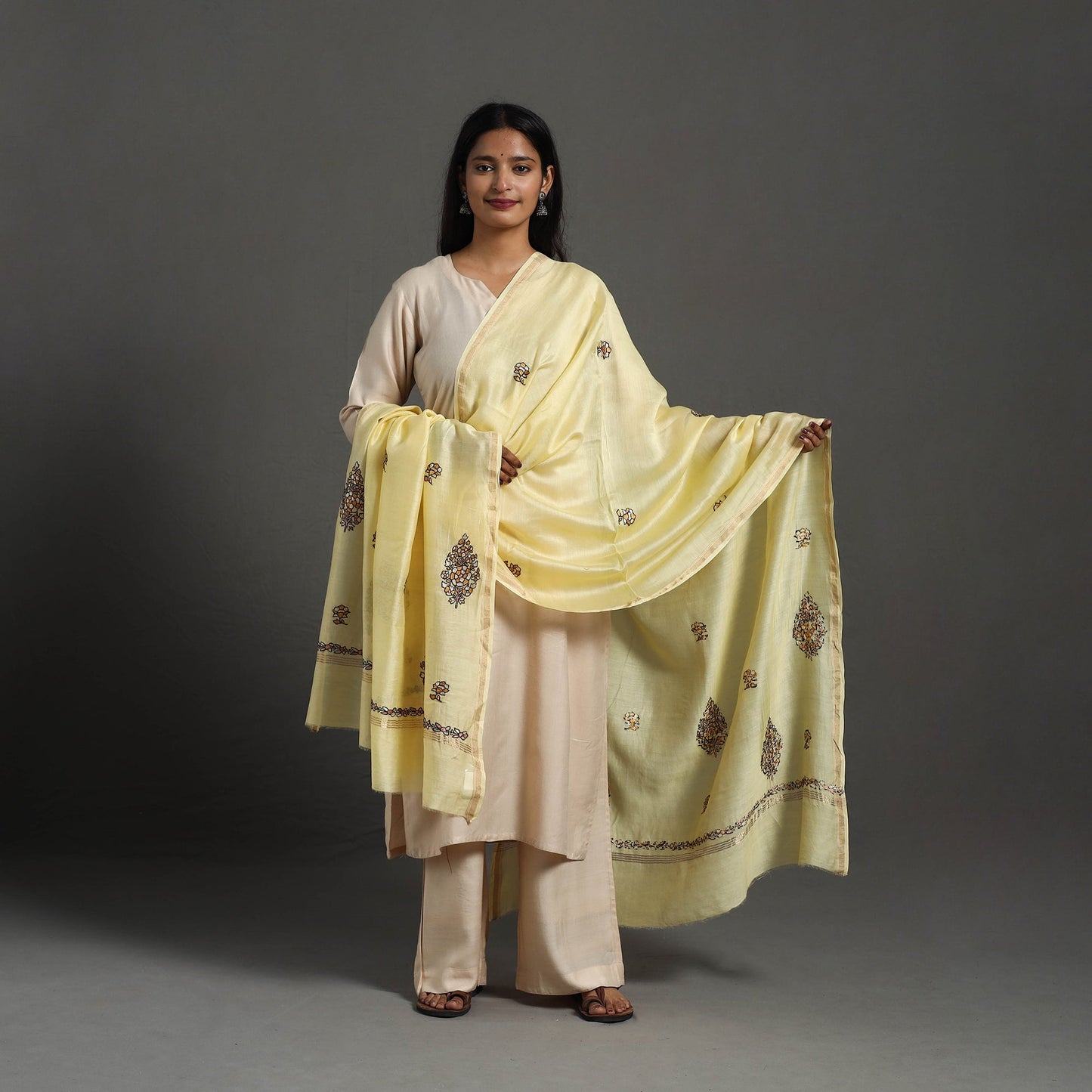 Yellow - hand embroidered chanderi silk handloom kashida