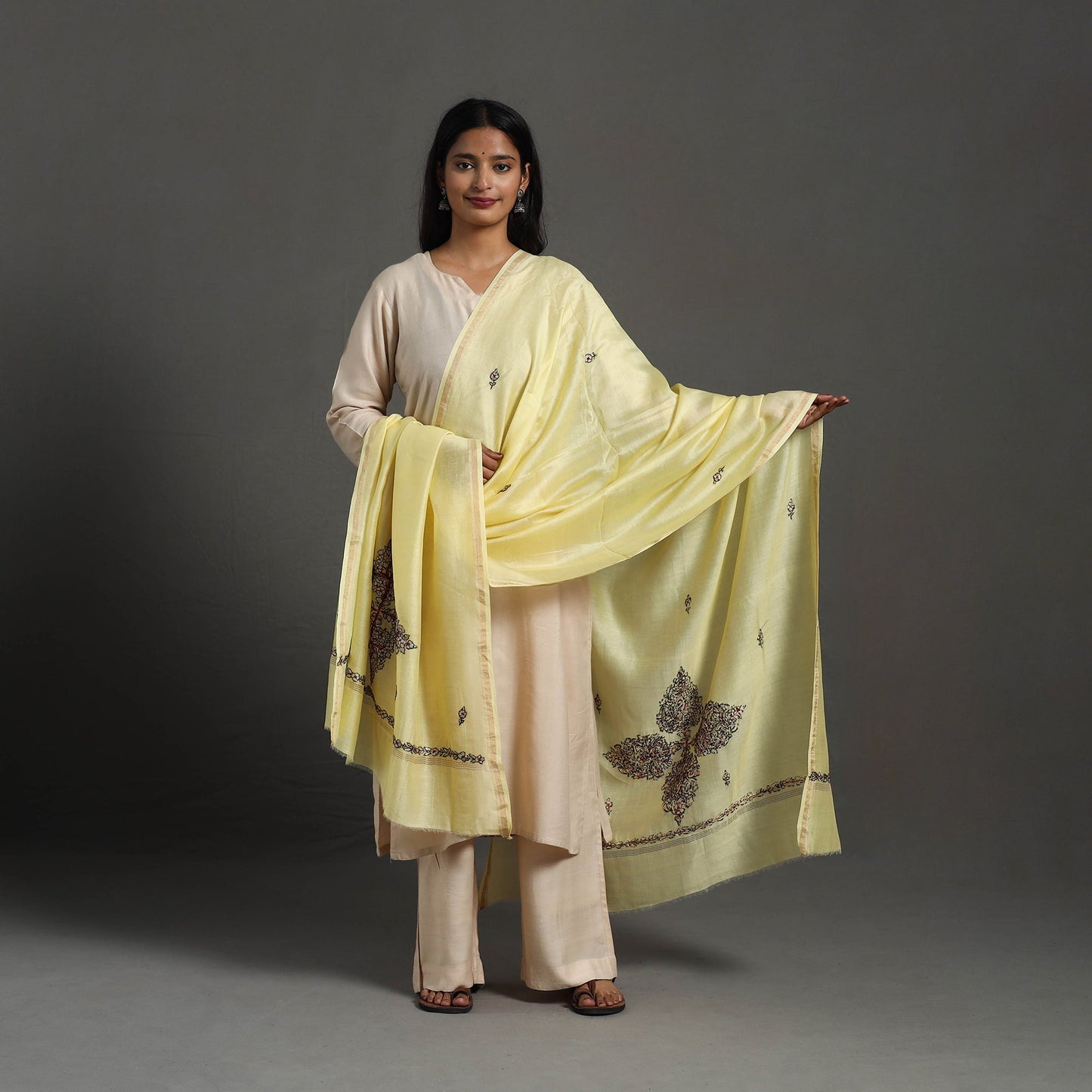 Yellow - hand embroidered chanderi silk handloom kashida