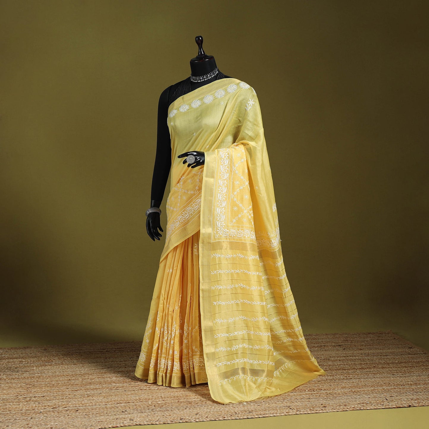 Yellow - hand embroidered chanderi silk zari border