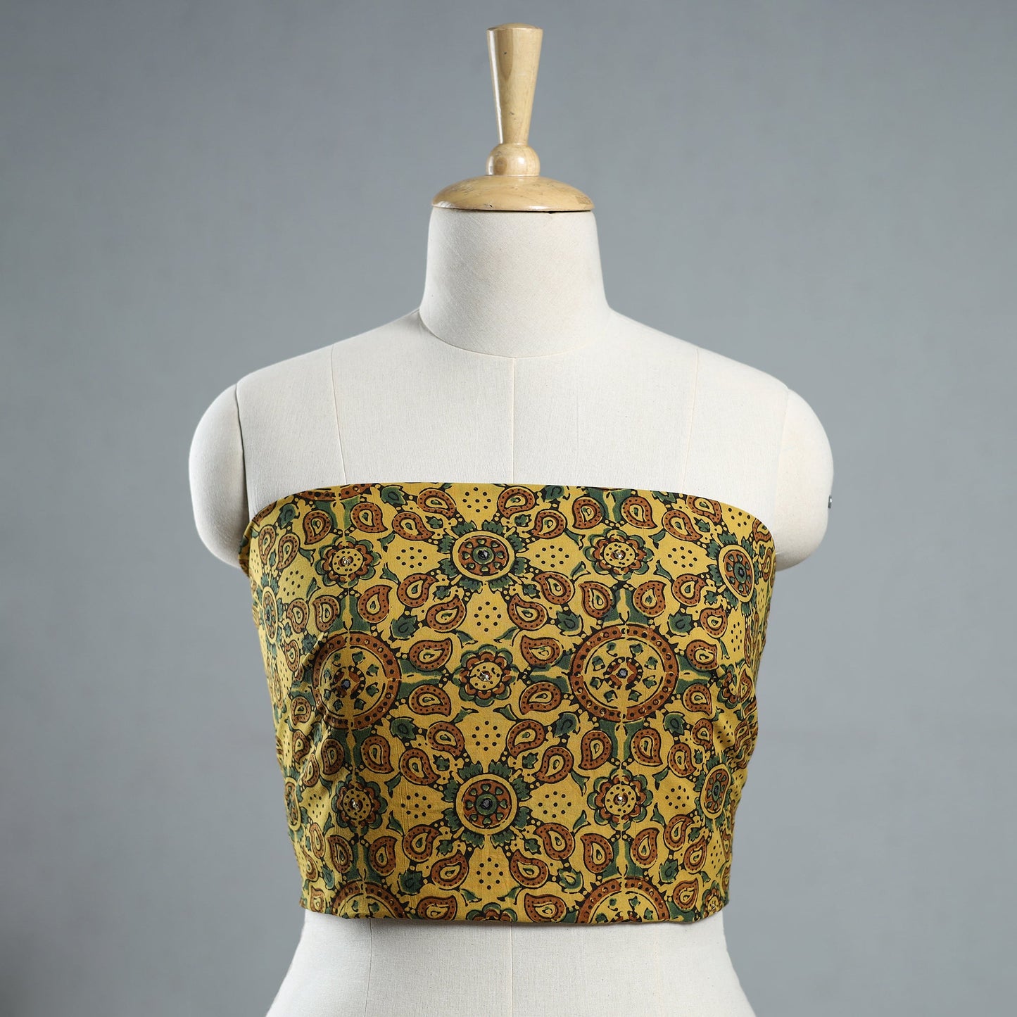 Yellow - Hand Embroidered Ajrakh Cotton Blouse Piece 04