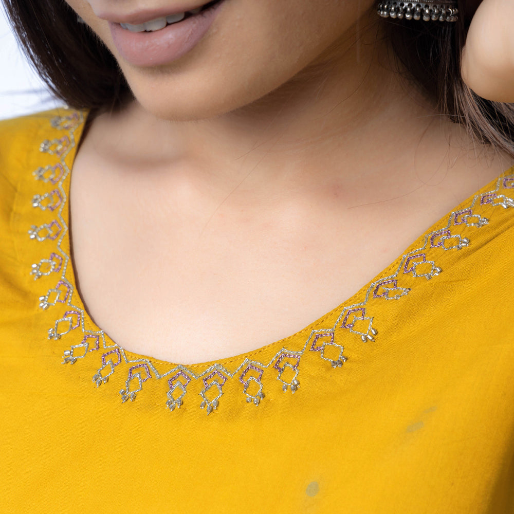 Yellow - Hand Embroidered Dark Yellow Cotton Long Straight Kurta