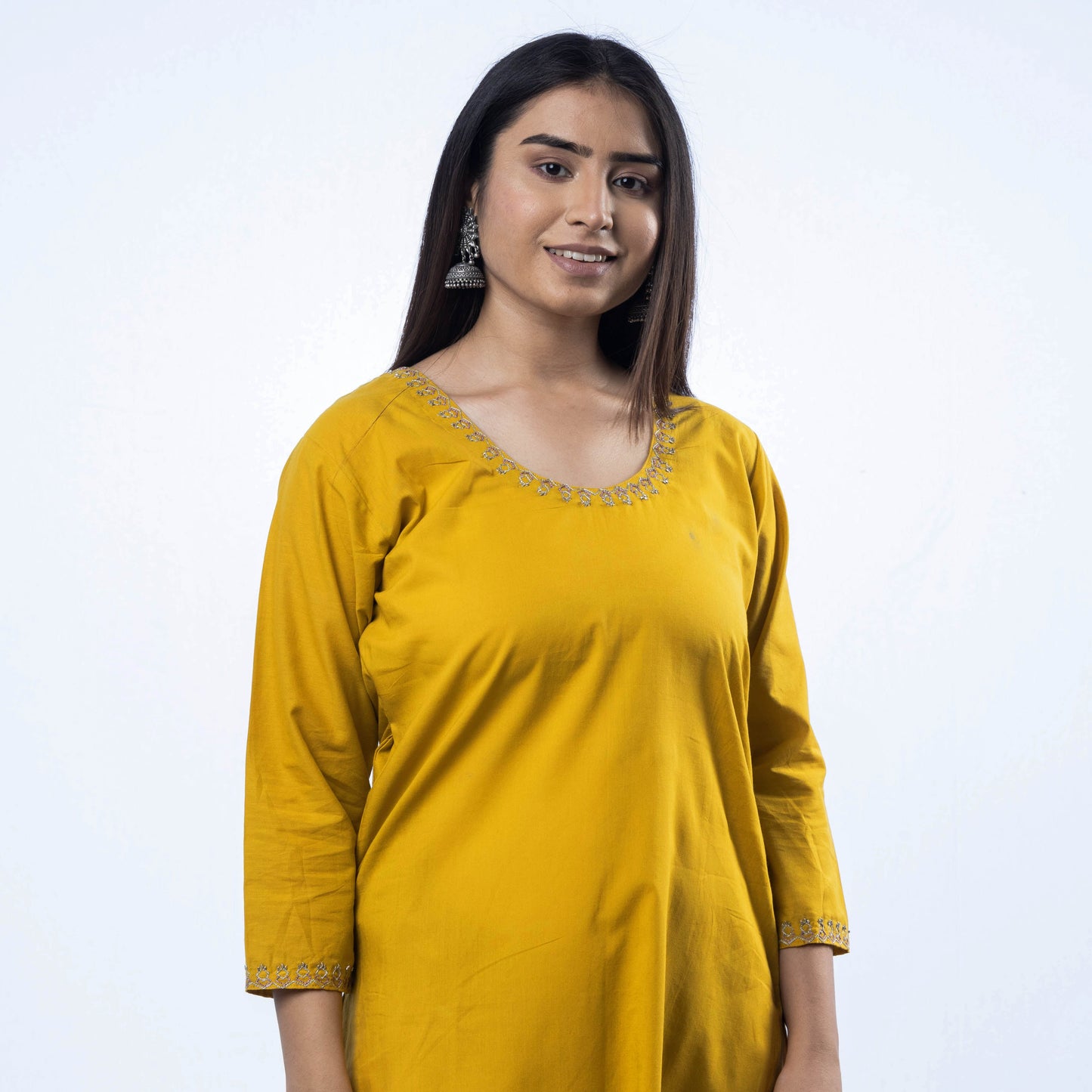 Yellow - Hand Embroidered Dark Yellow Cotton Long Straight Kurta