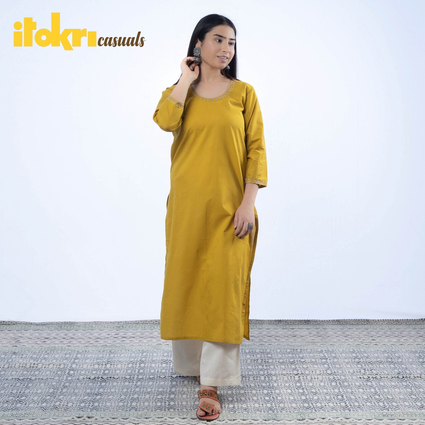 Yellow - Hand Embroidered Dark Yellow Cotton Long Straight Kurta