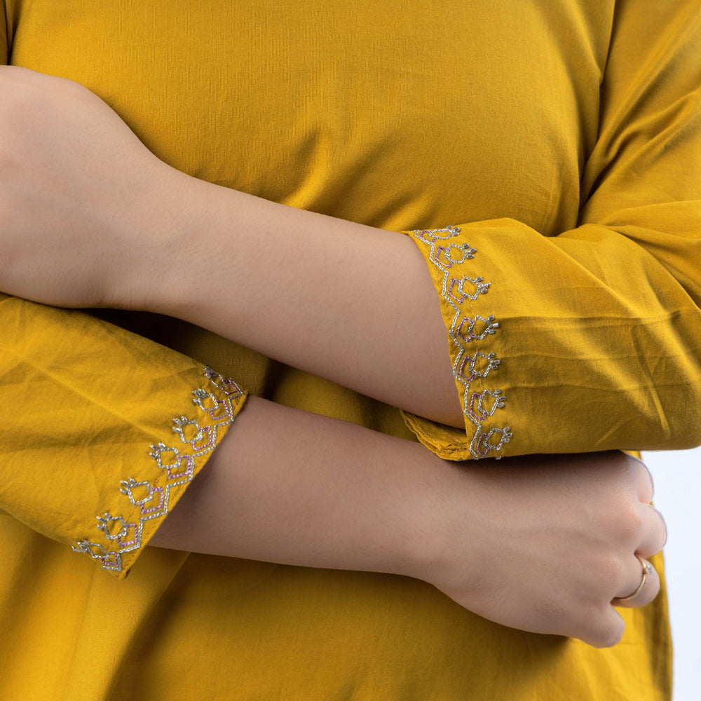Yellow - Hand Embroidered Dark Yellow Cotton Long Straight Kurta