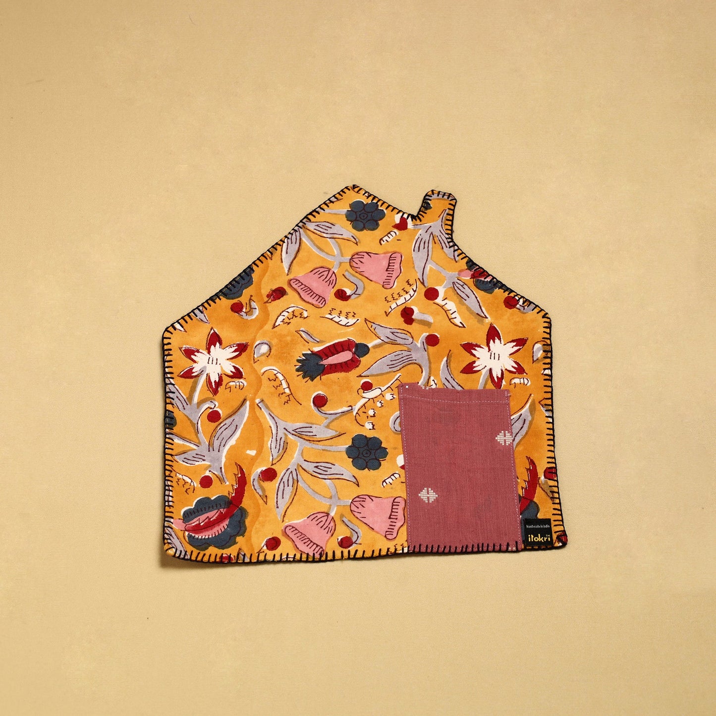 Yellow Hand Embroidered Floral Pot Holder with Pocket