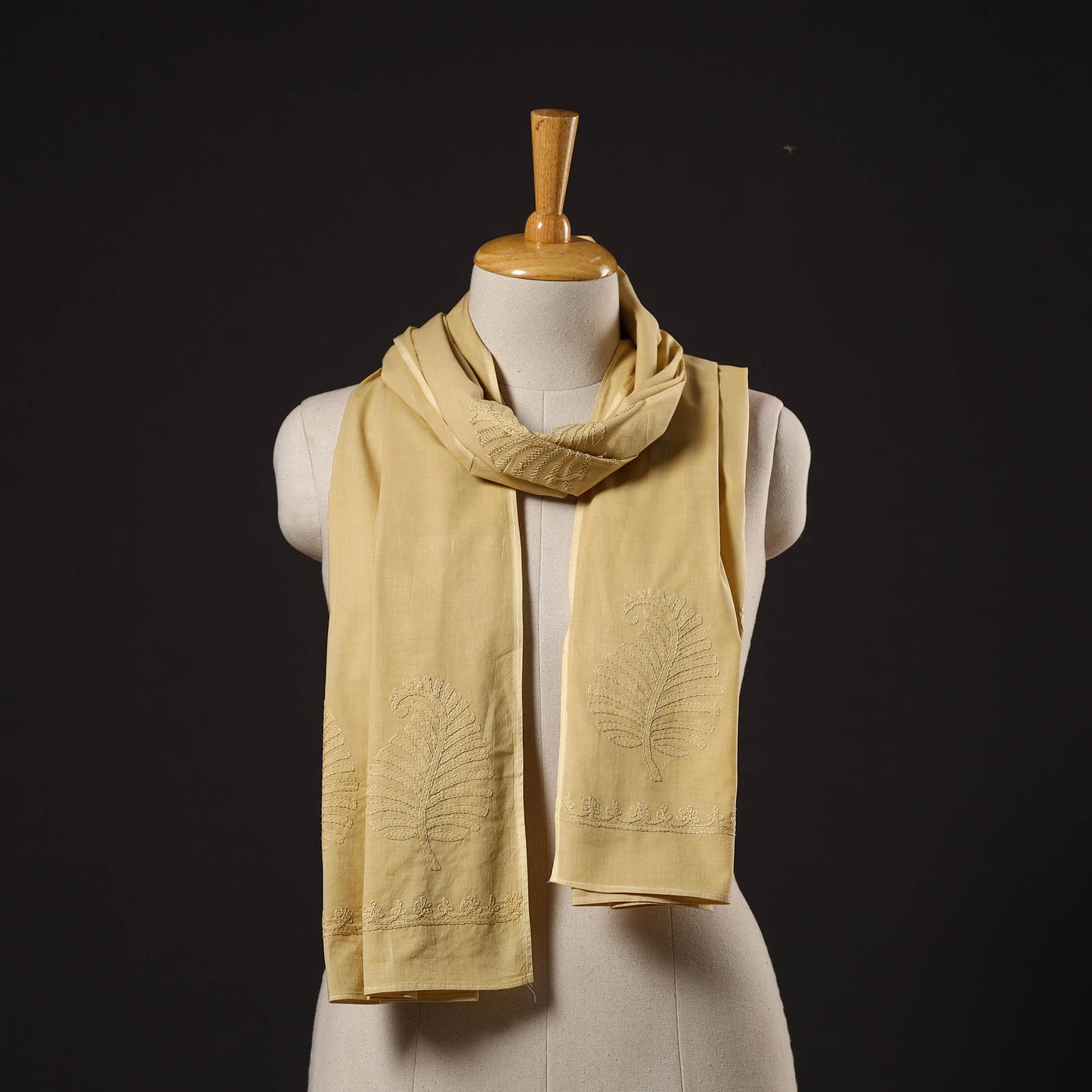 Yellow Hand Embroidered Lucknow Chikankari Cotton Stole