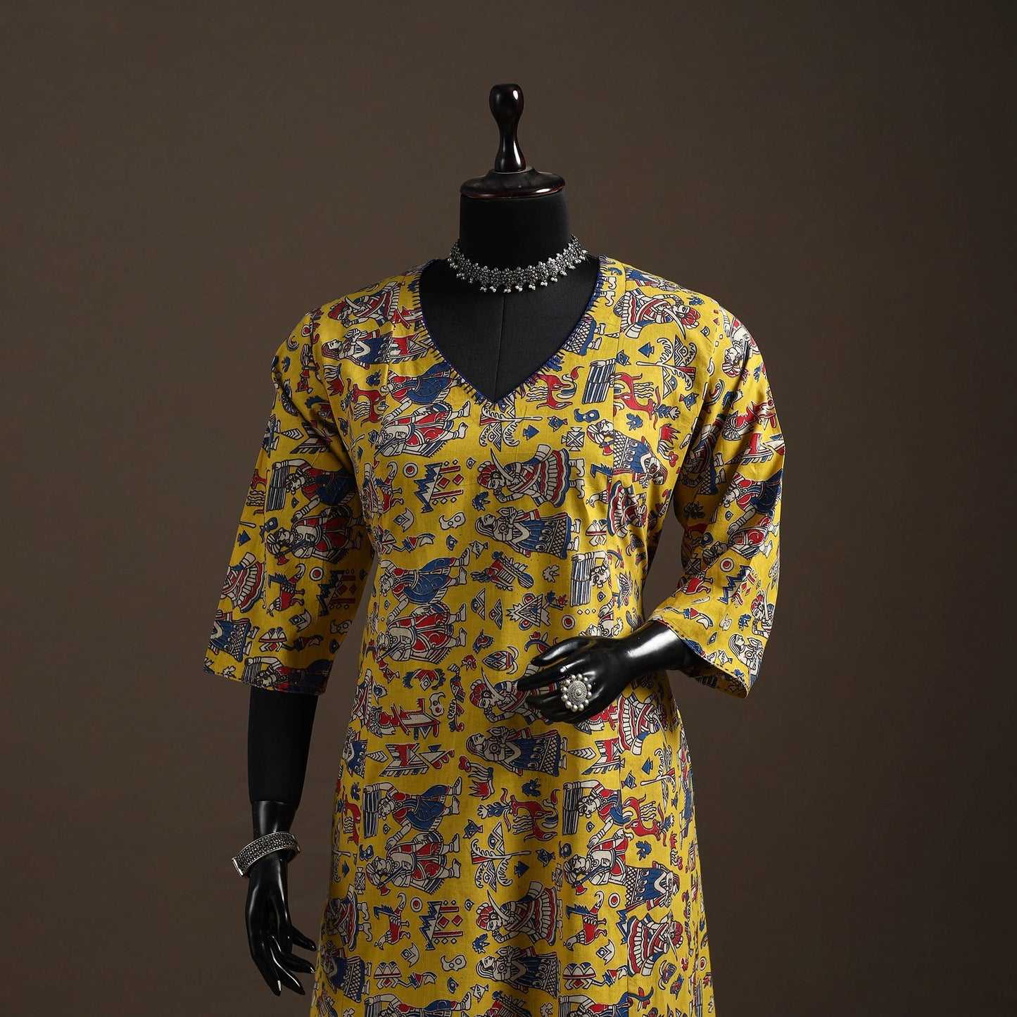 Hand embroidered printed cotton a-line kalamkari kurta