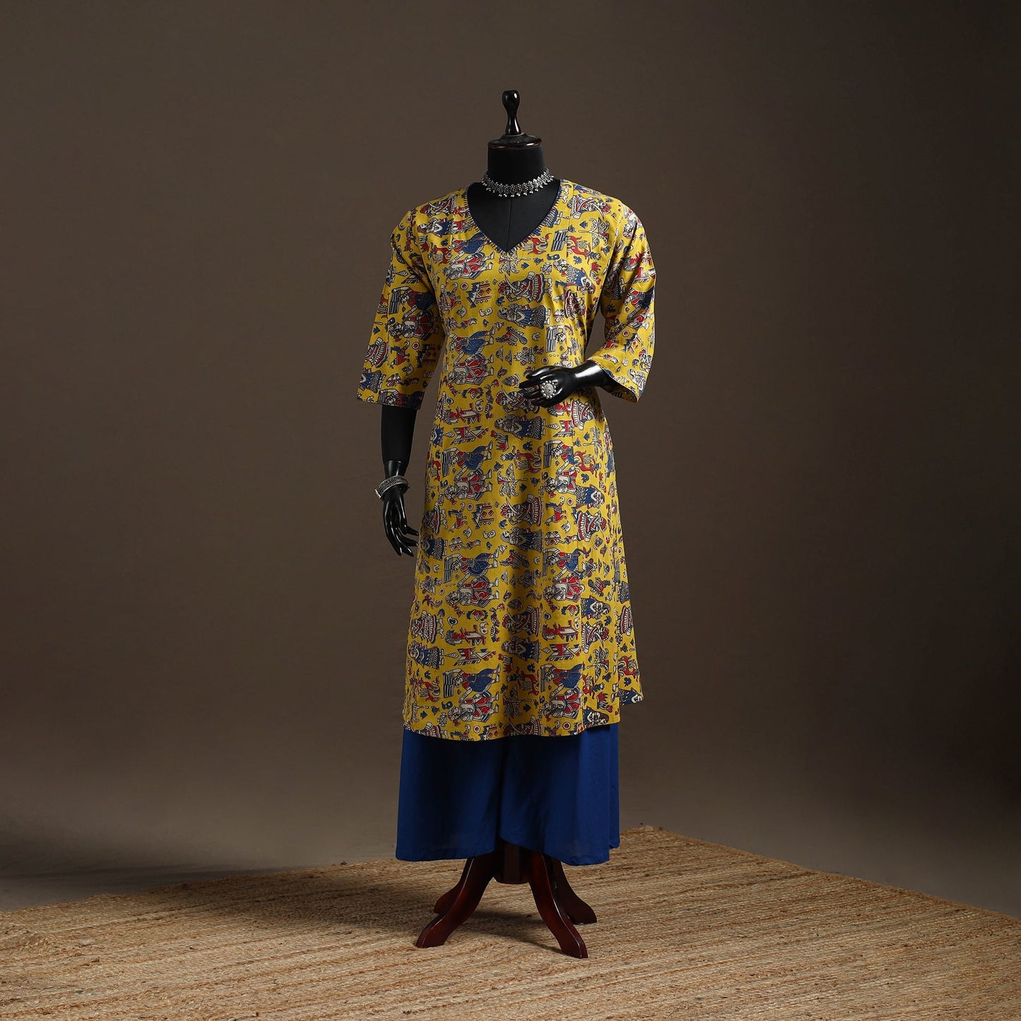 Hand embroidered printed cotton a-line kalamkari kurta