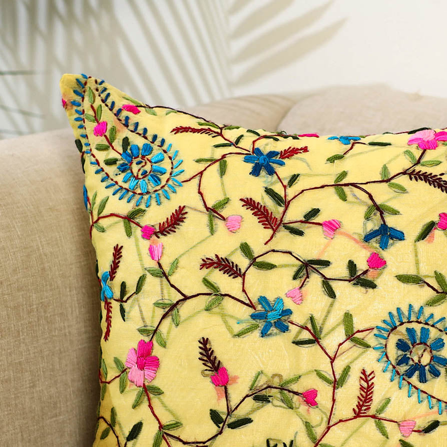 Yellow Hand Embroidered Cushion Cover in Chanderi Silk