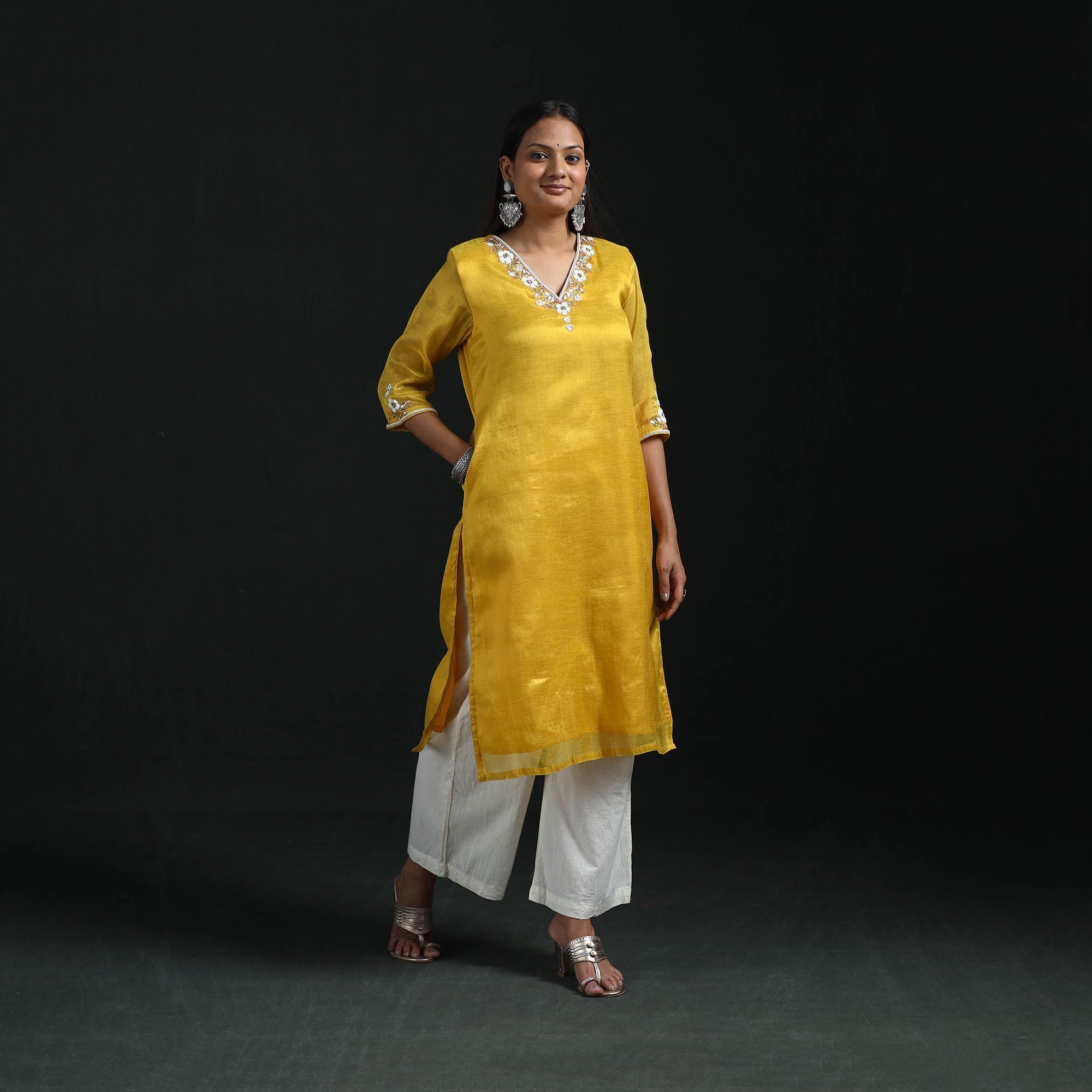 Yellow - Hand Embroidery Fine Tissue Zari Straight Plain Long Kurta for women 01