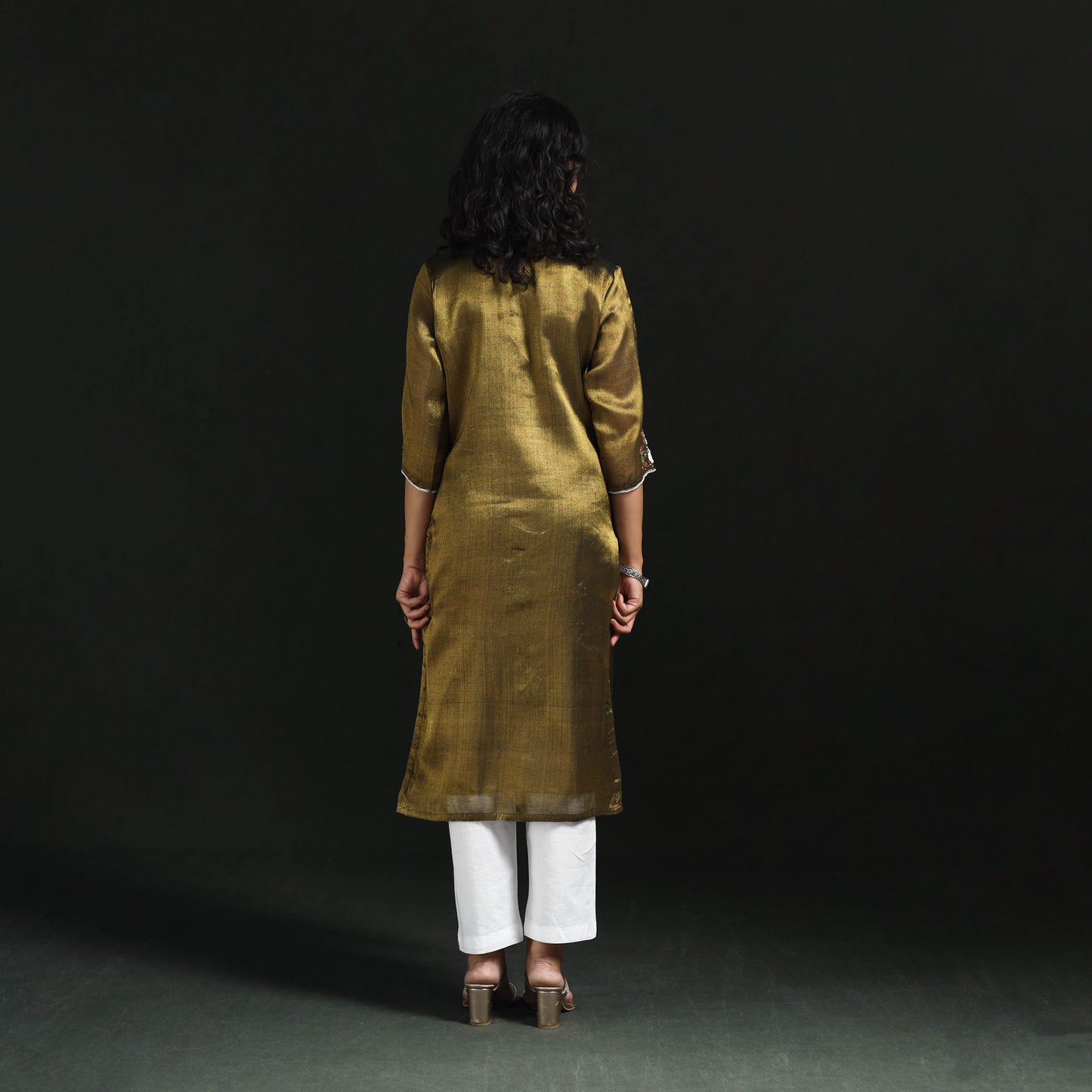 Yellow - hand embroidery fine tissue zari straight plain