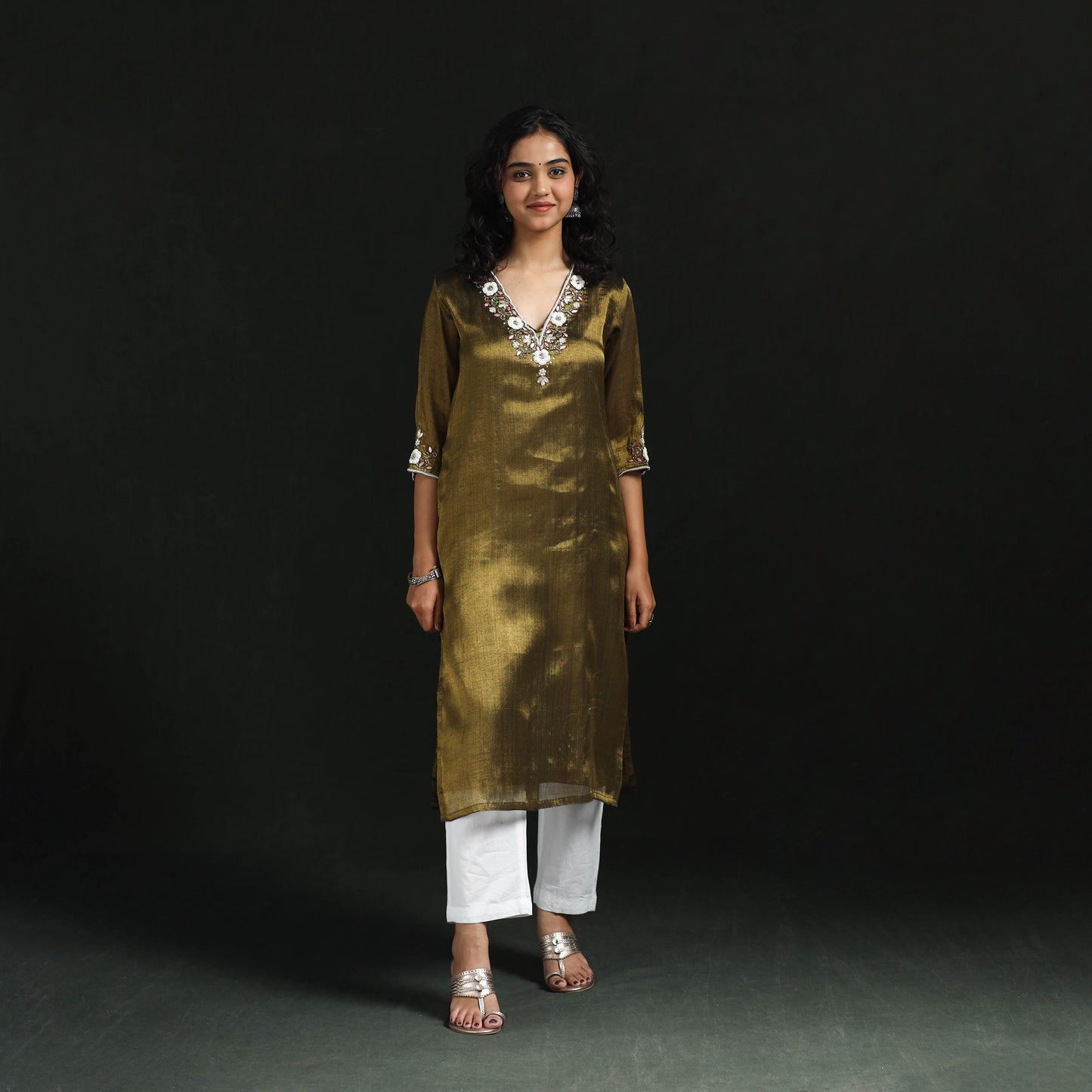 Yellow - hand embroidery fine tissue zari straight plain