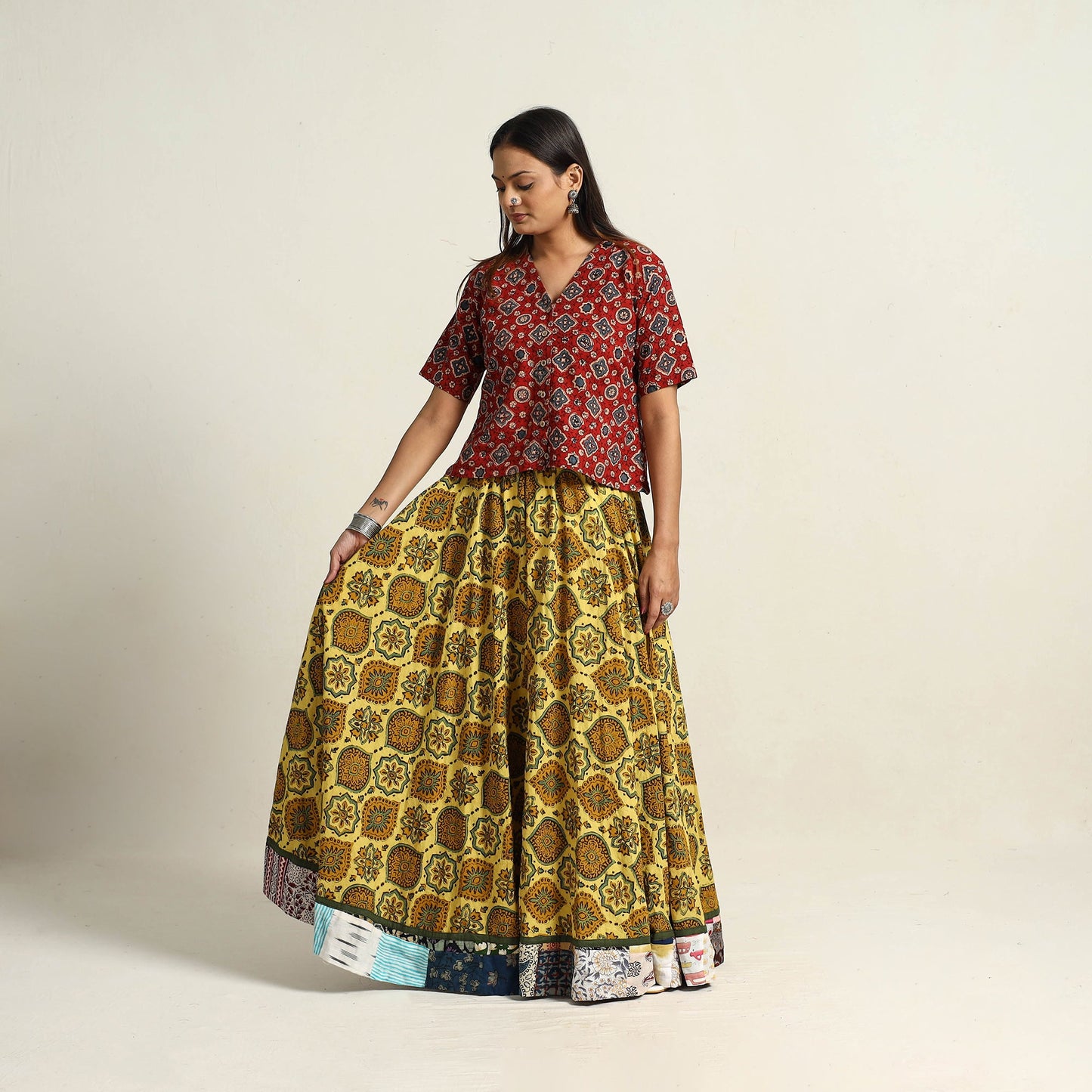 Yellow - hand printed cotton long skirt 14 - handcrafted