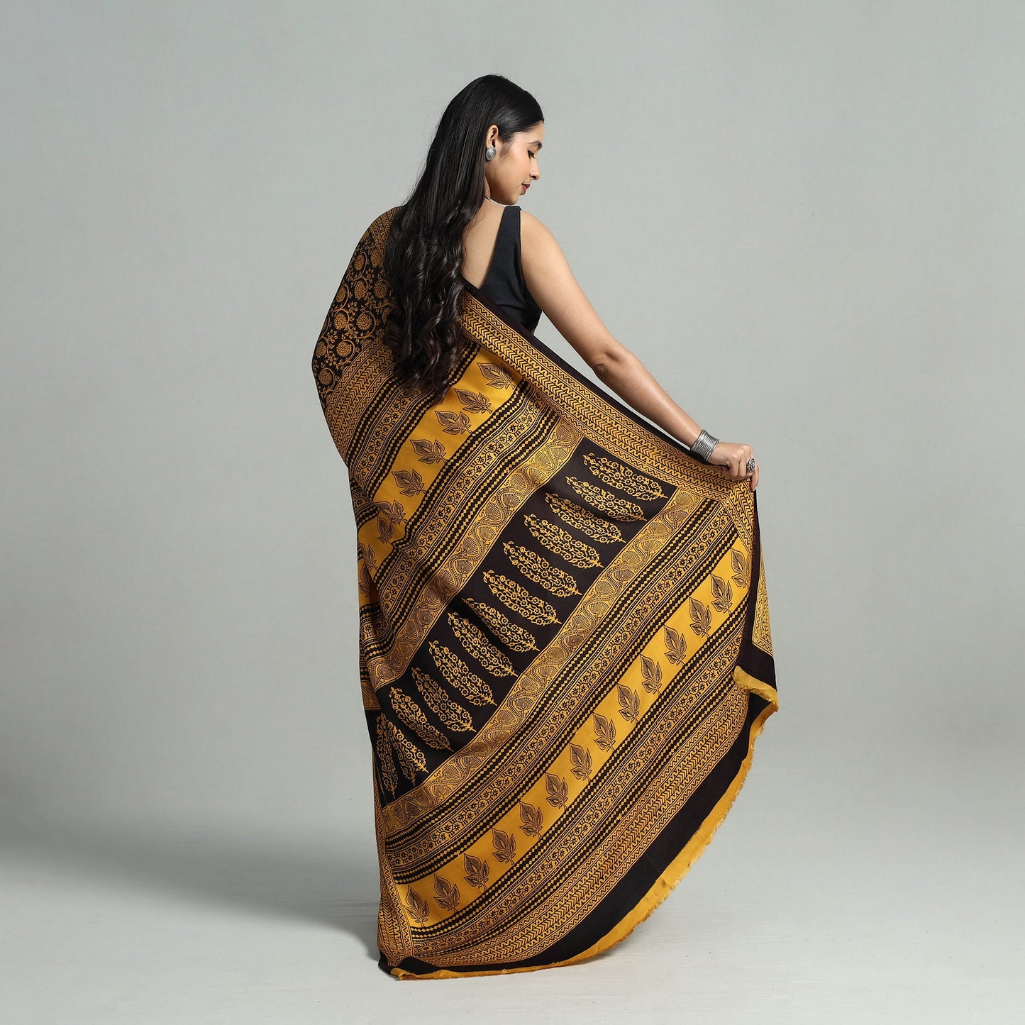 Yellow Hand Block Printed Natural Dyed Modal Silk Bagh Saree