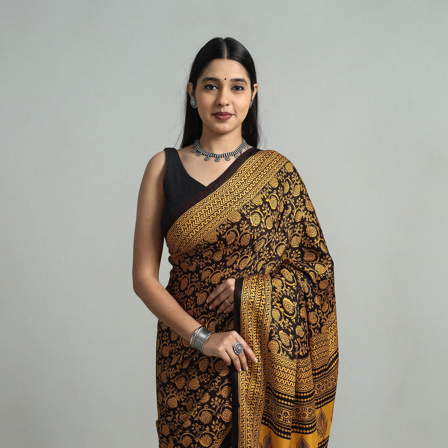 Yellow Hand Block Printed Natural Dyed Modal Silk Bagh Saree