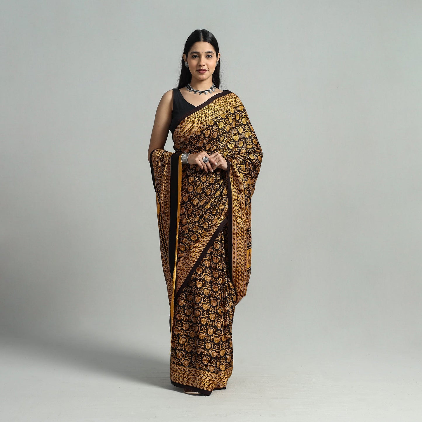 Yellow Hand Block Printed Natural Dyed Modal Silk Bagh Saree