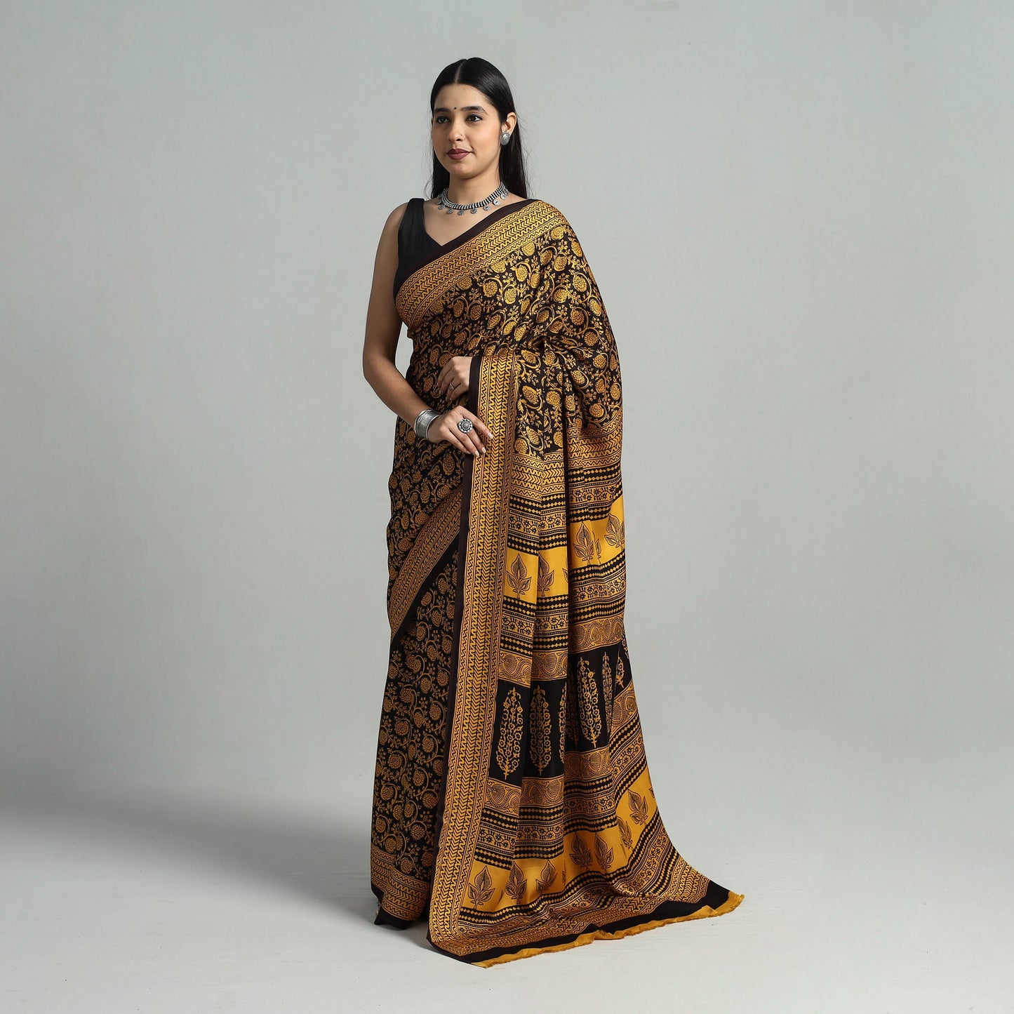 Yellow Hand Block Printed Natural Dyed Modal Silk Bagh Saree