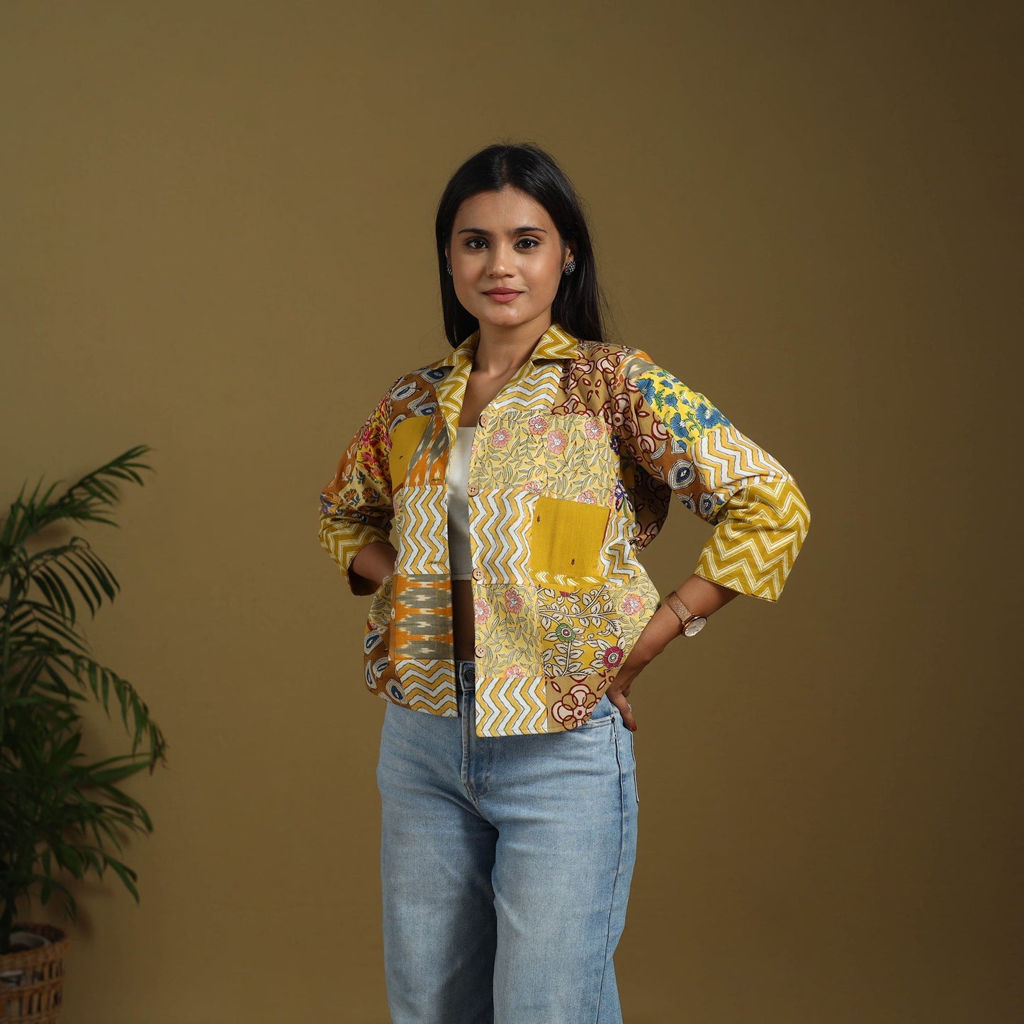 Yellow - hand-stitched mosaic cotton women’s jacket 03